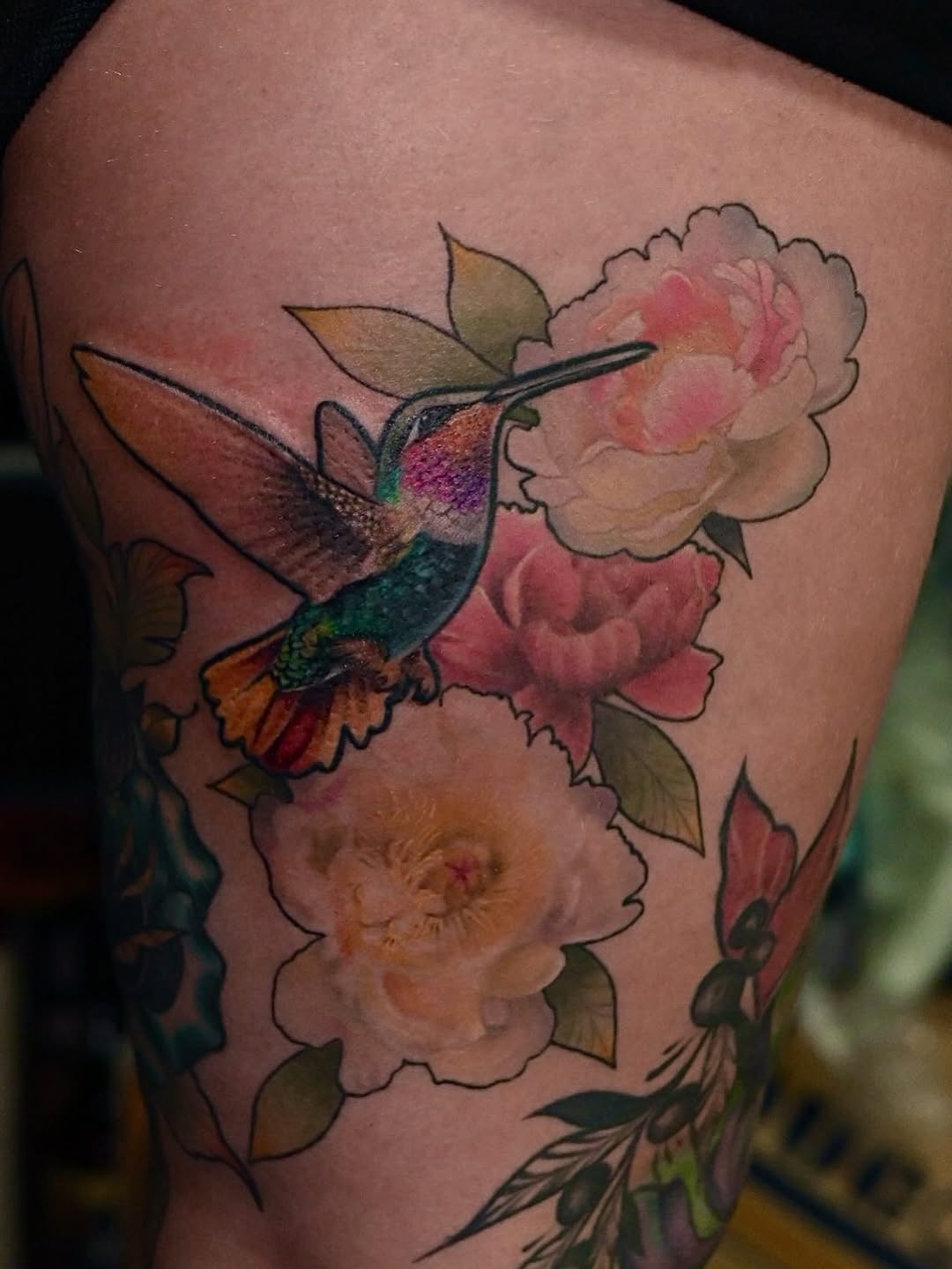 Colorful hummingbird with iridescent plumage hovering over pink and peach flowers with green leaves on the upper arm.