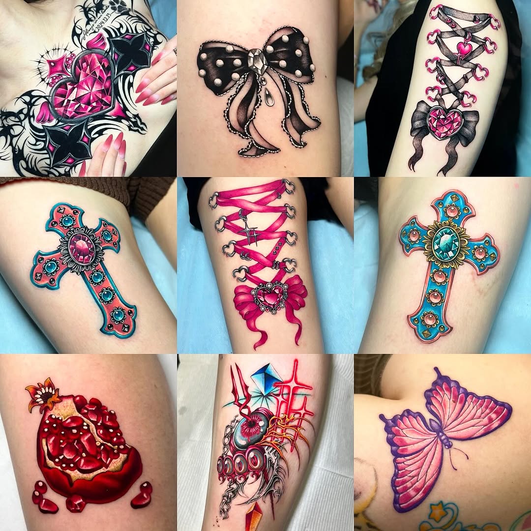 Portfolio grid displaying nine colorful tattoos including crosses, bows, hearts, butterflies, and ornamental designs in pink, blue, red, and purple on various body placements.