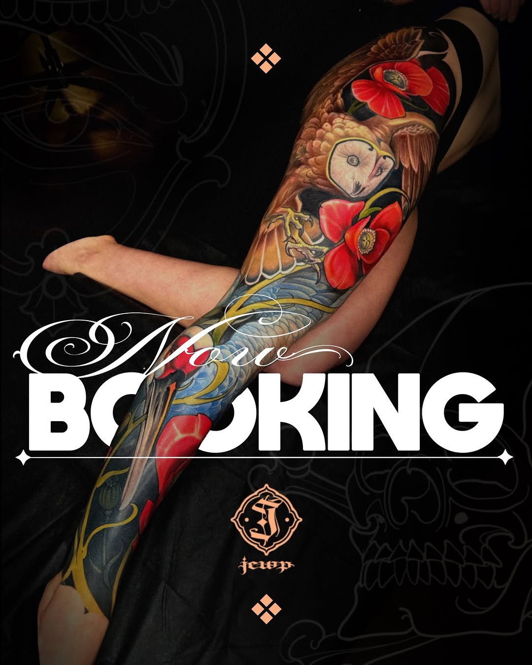Full-sleeve arm tattoo featuring an owl with red poppies, decorative swirls, and botanical elements in red, gold, blue, and brown tones.