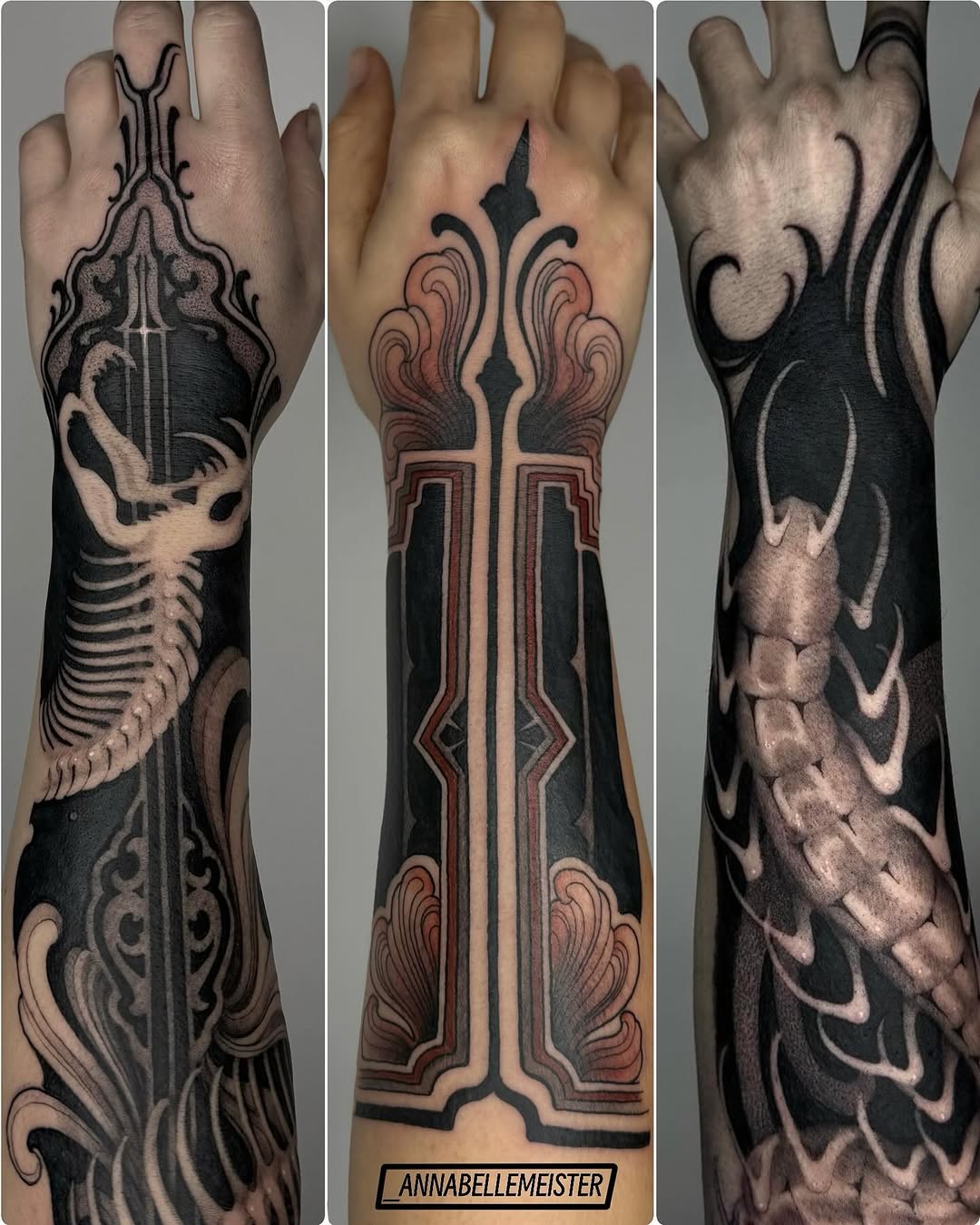 Three full-arm tattoo designs featuring skeletal anatomy, ornamental scrollwork, and geometric patterns in black and tan ink on male forearms and hands.