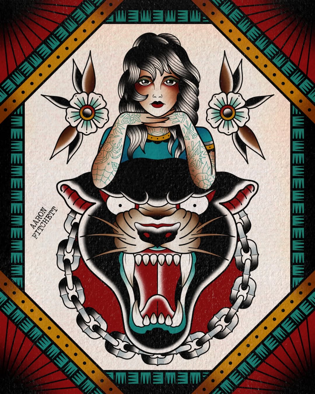 Tattoo design featuring a woman's face above a roaring lion head with bared fangs, flanked by flowers, chains, and decorative border in red, teal, and gold.