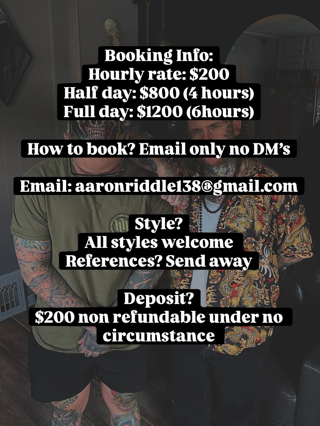 Heavily tattooed man and woman wearing colorful patterned clothing display extensive body art covering arms and legs in vibrant multi-colored ink.