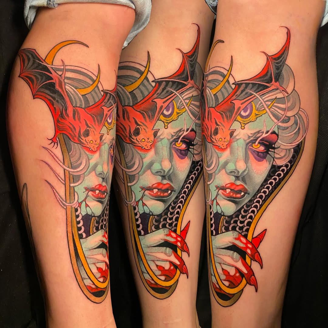 Three colorful leg tattoos featuring pale-faced female figures with red demon horns, ornate jewelry, and red flowers, displayed on calves.