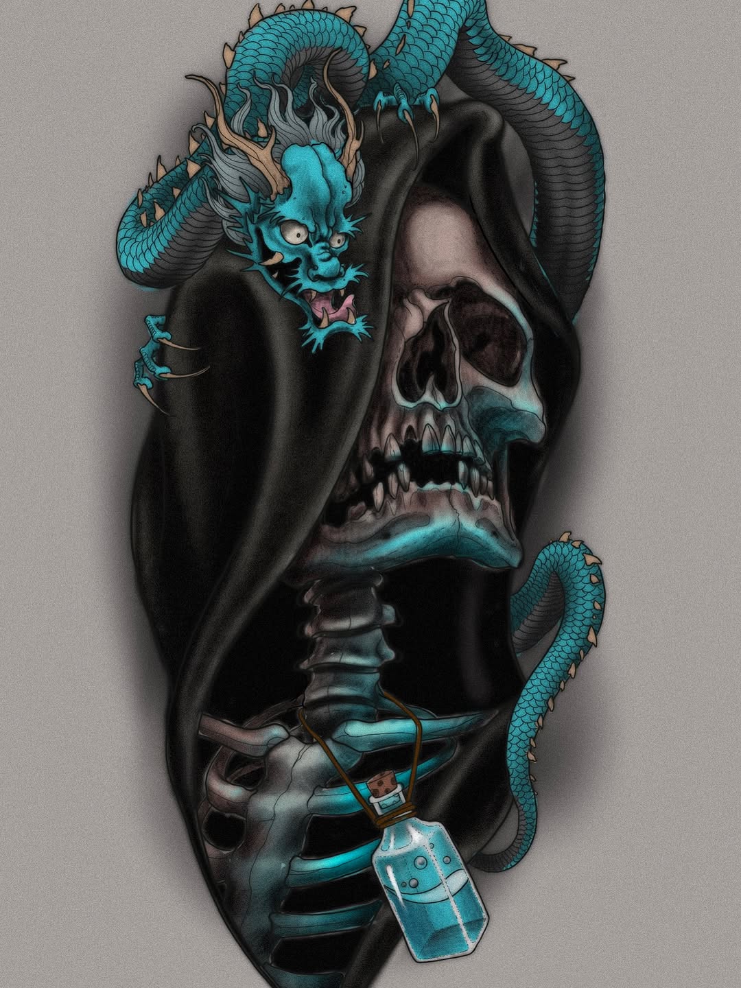 Skull wearing a hooded robe with turquoise dragons coiled around it and a dice pendant, rendered in turquoise, black, and grey tones.