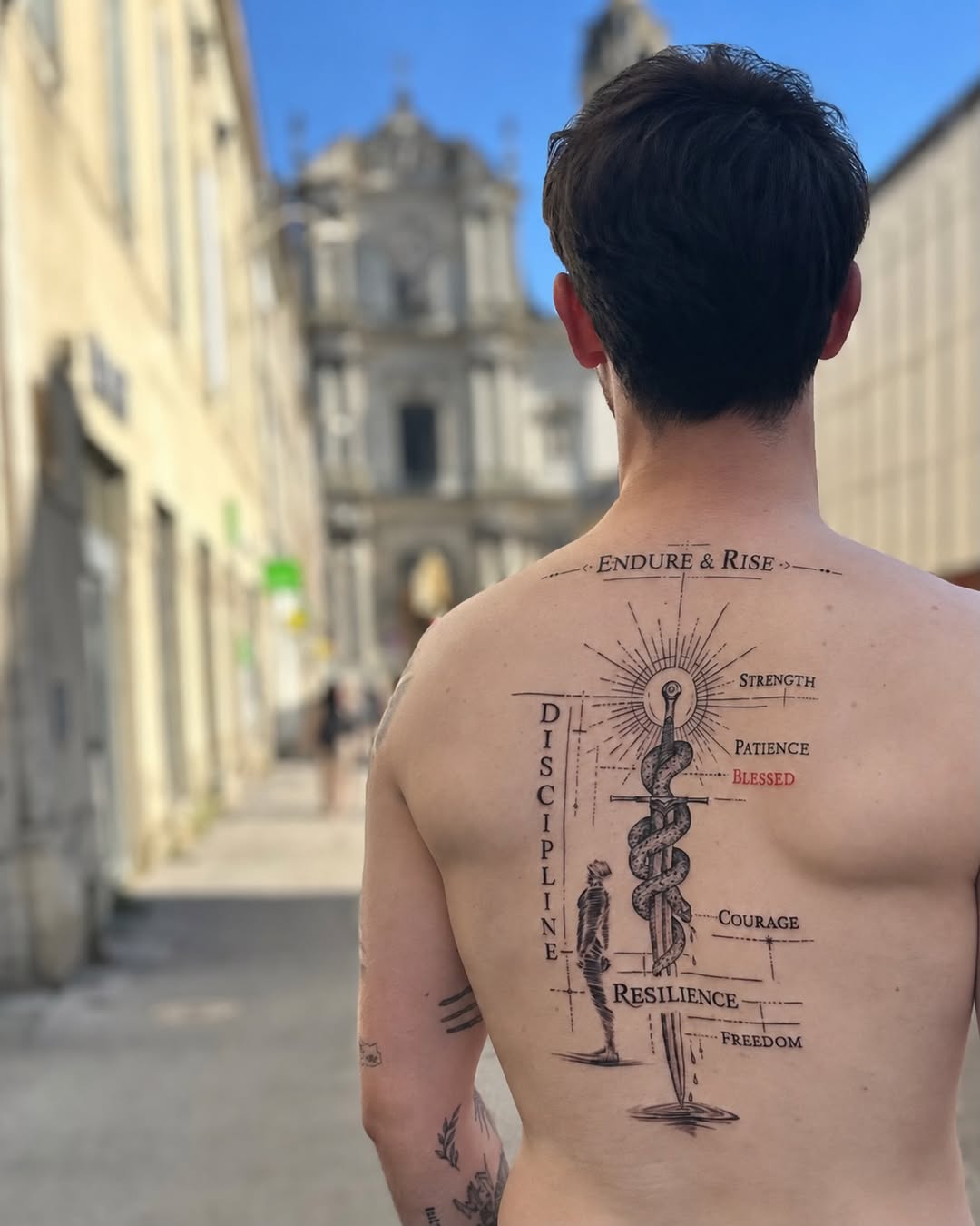 Shirtless man displaying large back tattoo featuring medical caduceus symbol, human figure, and words including "Endure & Rise," "Discipline," and virtues, set in historic stone street.