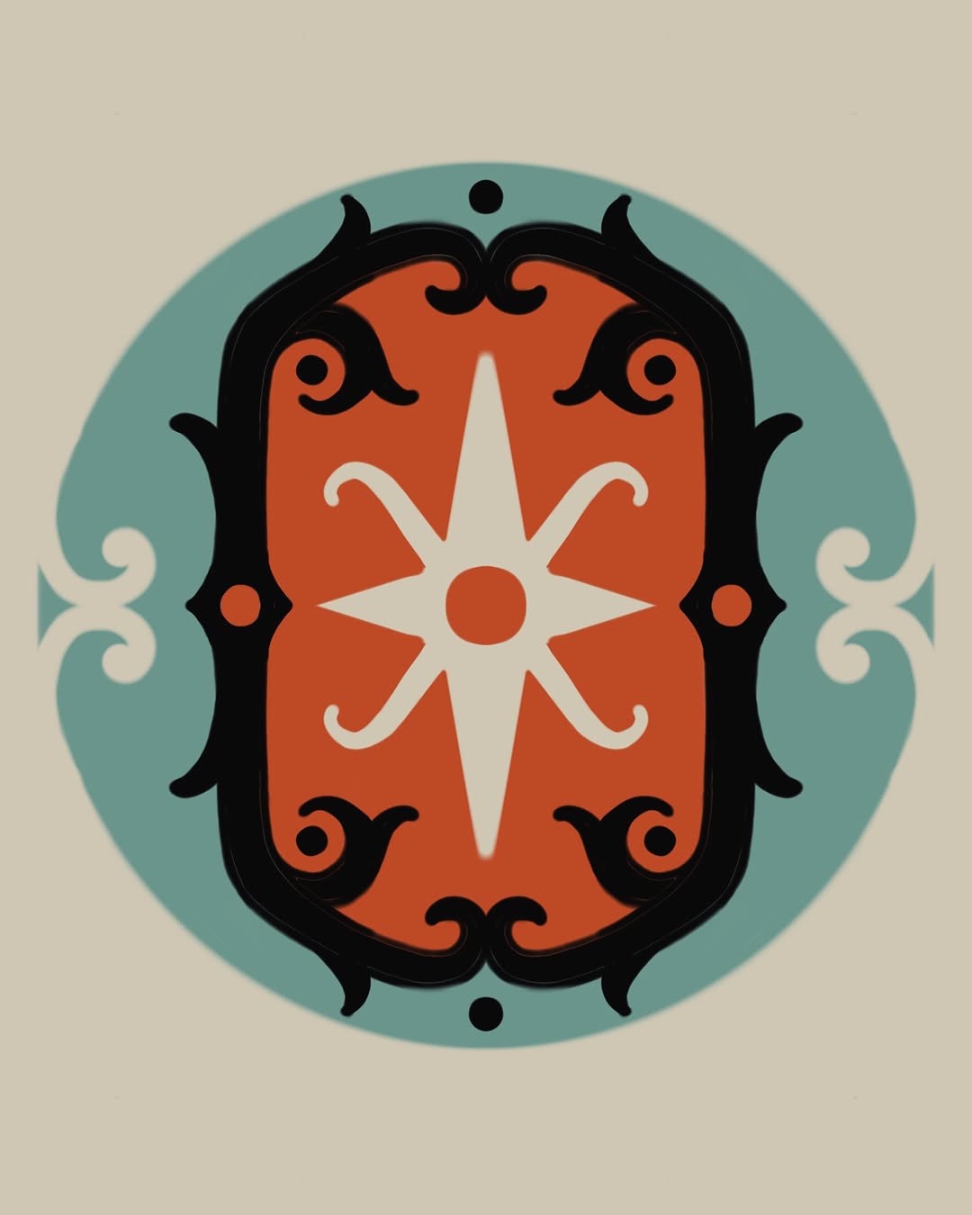 Symmetrical ornamental design featuring a white star within a red oval frame surrounded by black scrollwork and teal circular background.