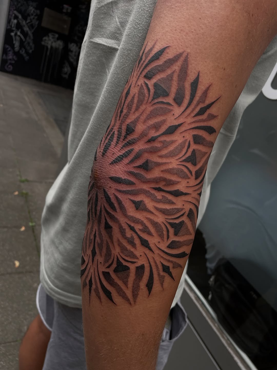 Intricate feathered wing tattoo in red and black ink on a person's forearm, displayed against a white sleeve.