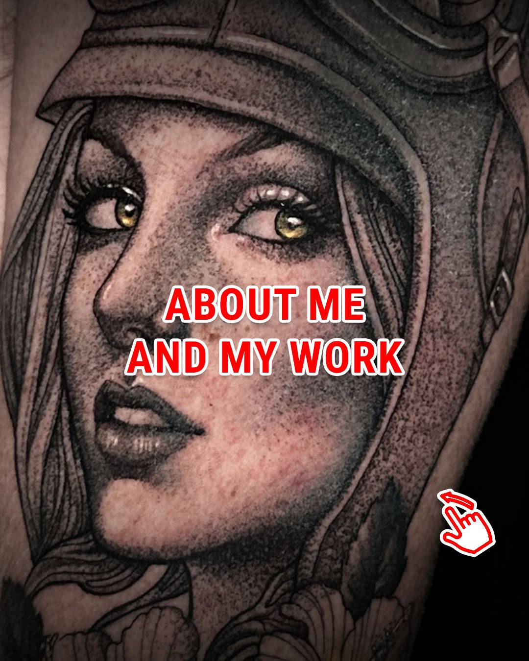 Detailed portrait tattoo of a woman's face with golden eyes, dark lips, and head covering on upper arm, rendered in grayscale and flesh tones.