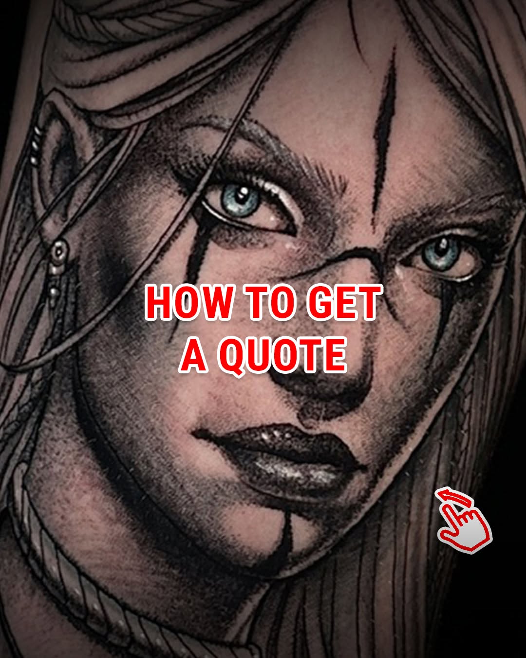 Close-up portrait tattoo of a woman's face with piercing blue eyes, shaded in grayscale and brown tones on skin.