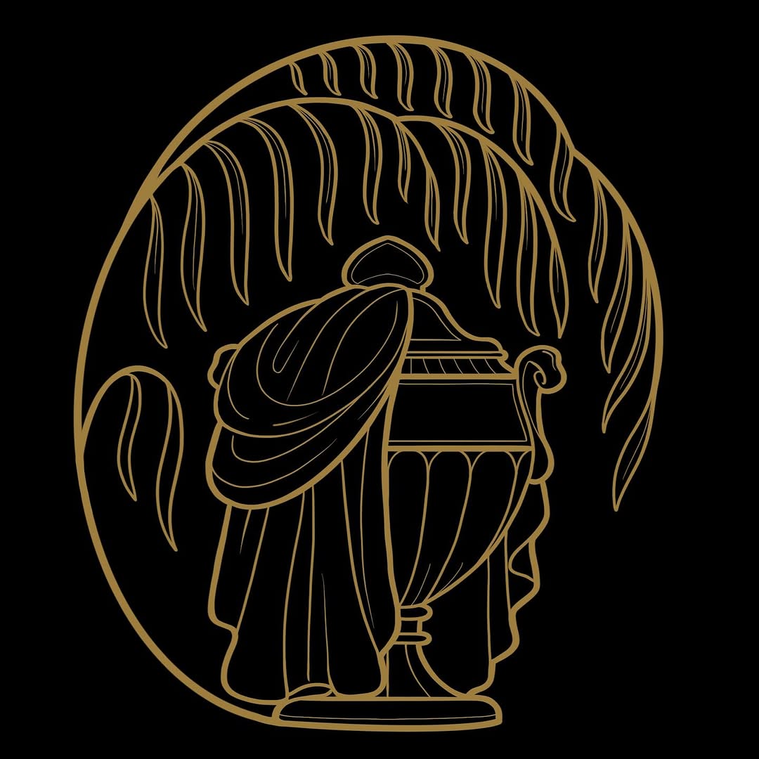 Gold line drawing of a winged figure in classical robes holding a lamp, enclosed in an oval frame on black background.