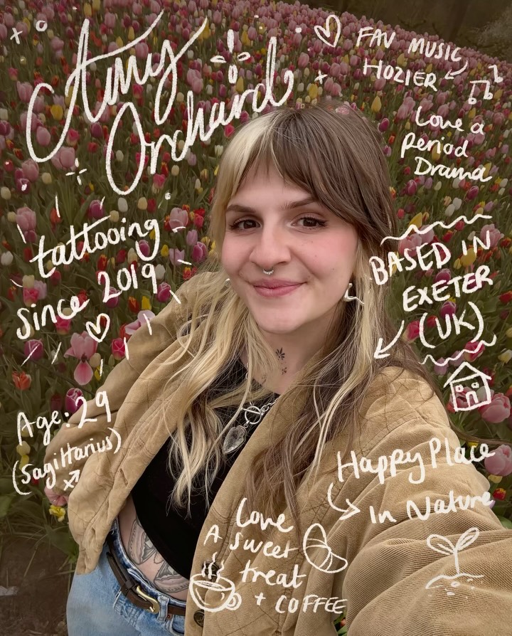 Young woman with a small black star tattoo on her neck, photographed against a floral background with handwritten text overlays.