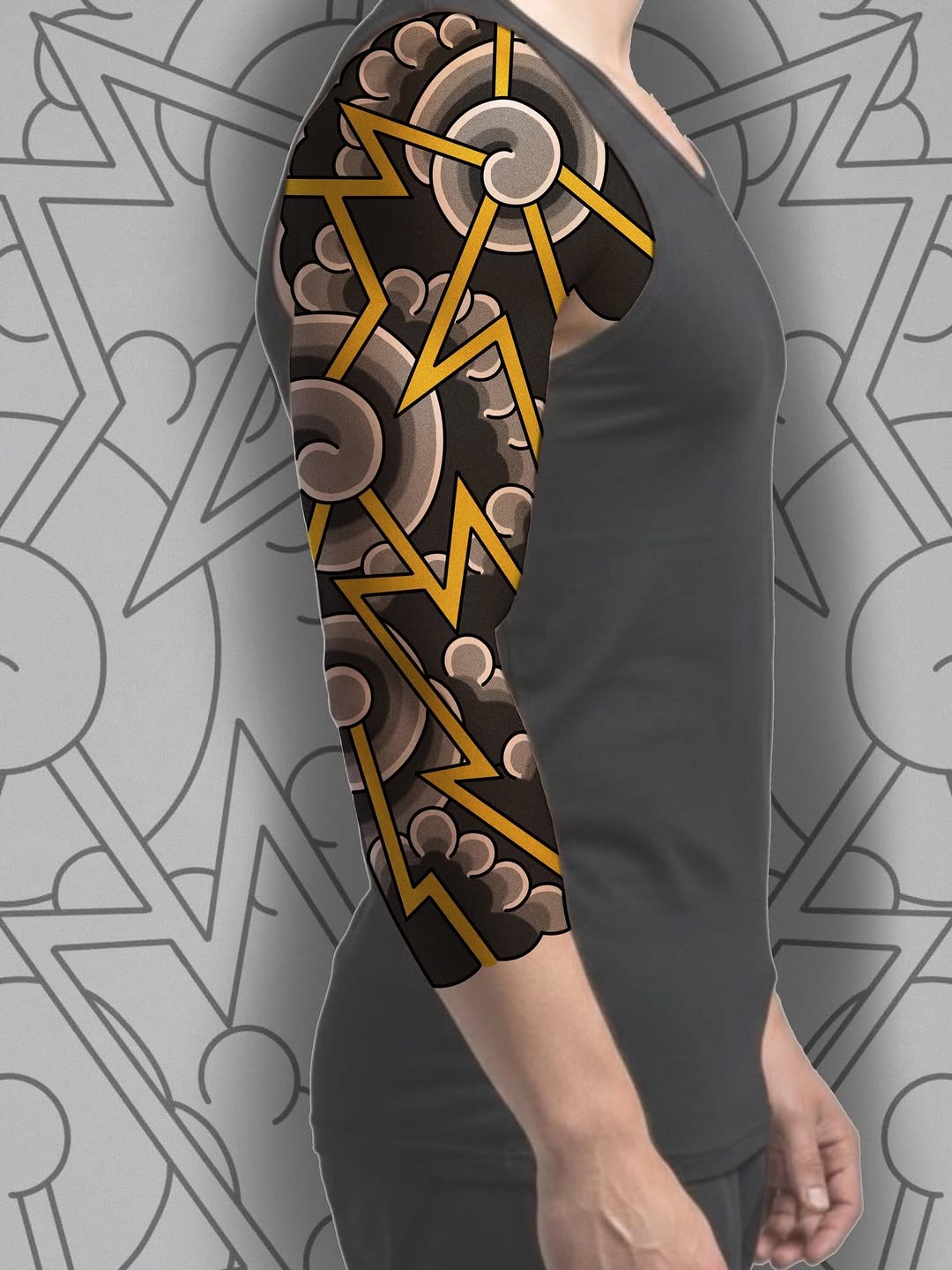 Full-sleeve tattoo featuring gold lightning bolts, bronze gears, and clouds on dark background, displayed on a model's arm.