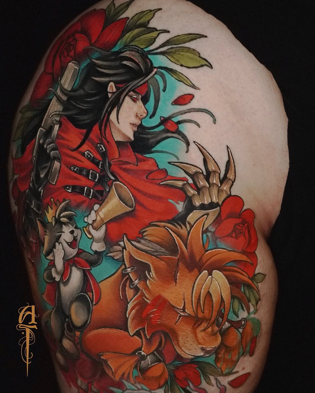 Woman with black hair in red outfit and weapons surrounded by red and orange flowers with green leaves on upper arm tattoo.
