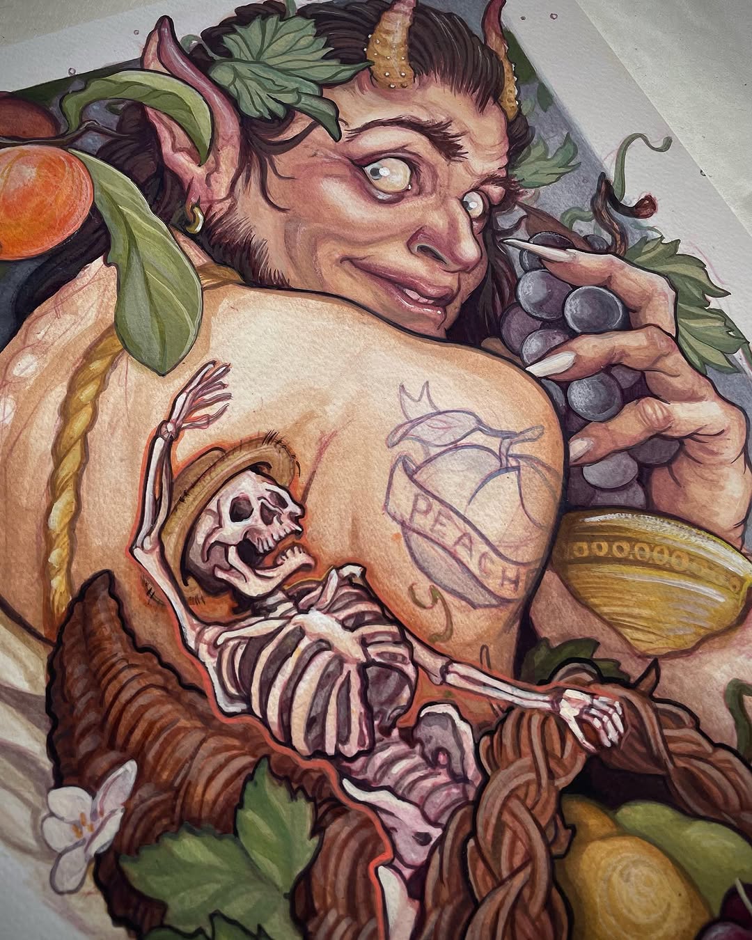 Colorful chest tattoo featuring a skeleton with a skull head, surrounded by fruit, vegetables, and botanical elements in orange, green, and purple tones.