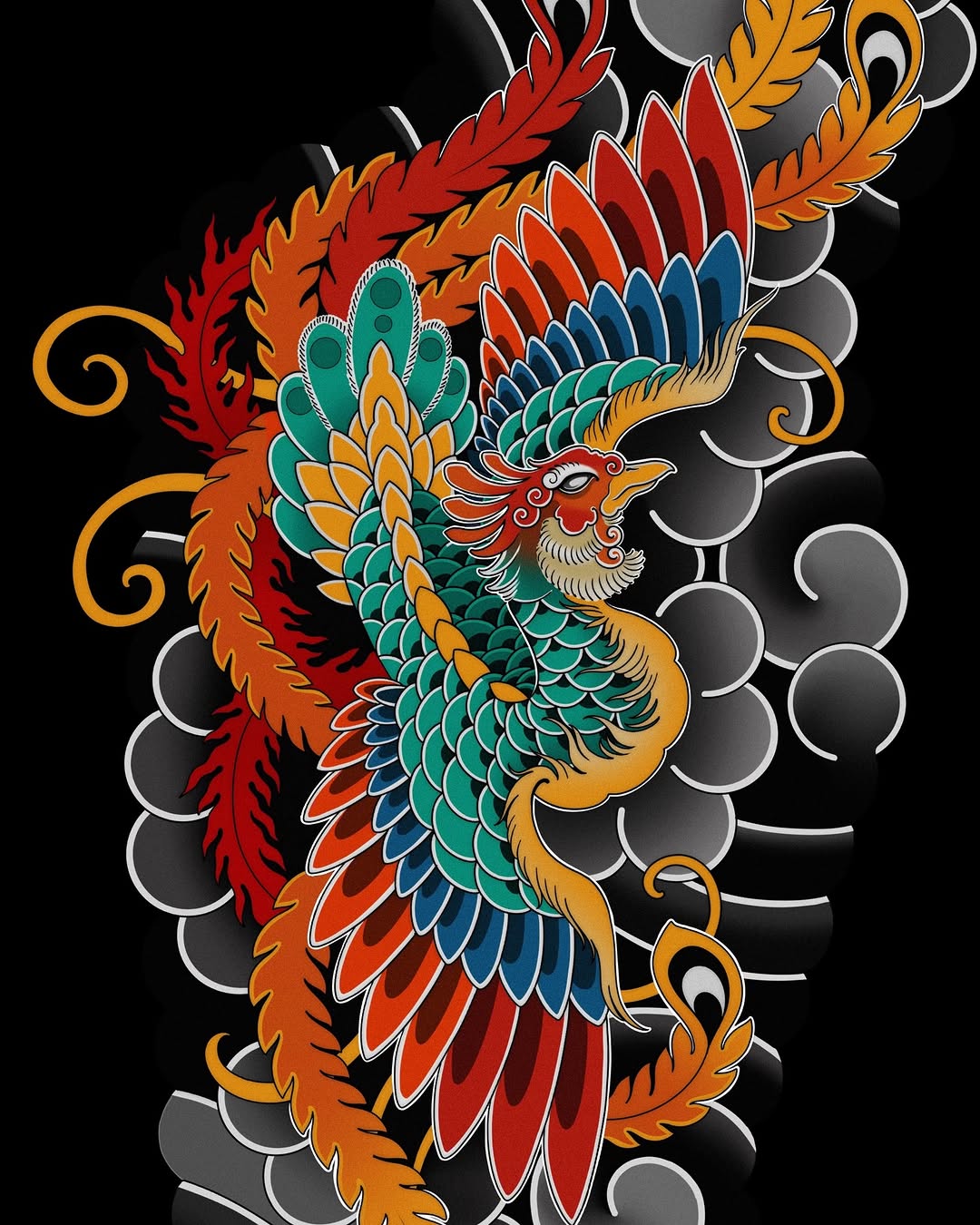 Colorful dragon design with green, red, orange, and blue scales, ornamental feathers, and decorative scrollwork on black background.