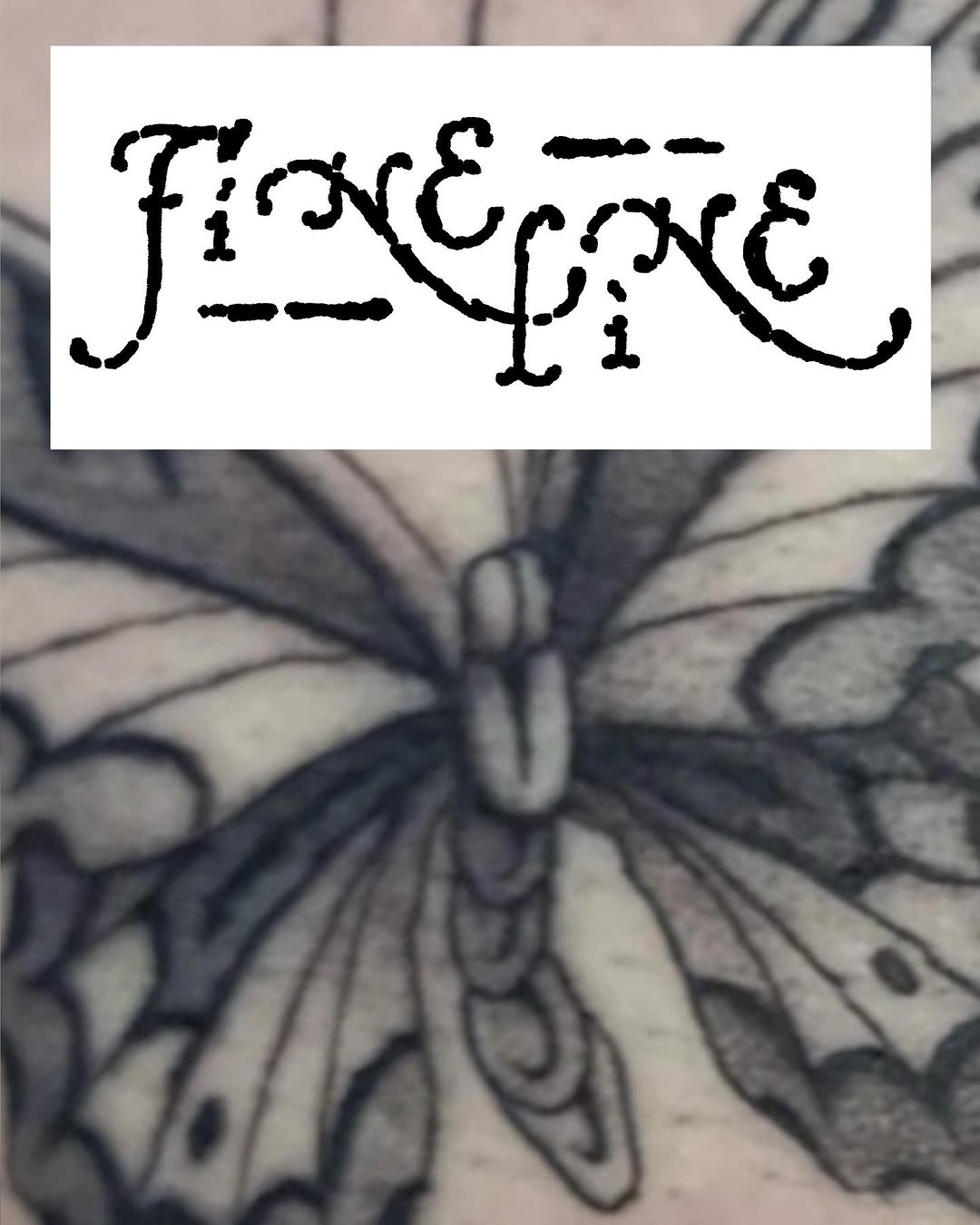 Butterfly tattoo with detailed wing patterns in black and gray ink on skin, accompanied by handwritten "Florence" text above.