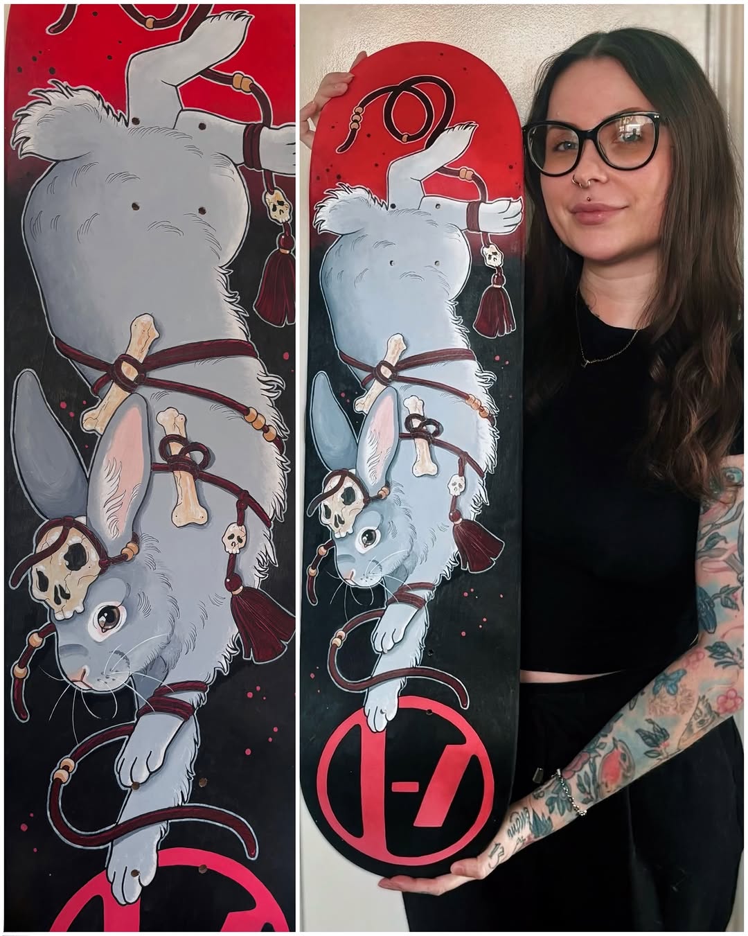 Vertical skateboard deck designs featuring stacked gray rats with burgundy harnesses and skull charms against red and black backgrounds.