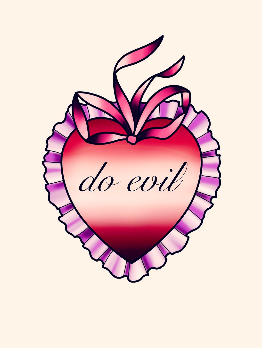 Heart with pink and purple gradient, ruffled edges, red ribbon bow, and "do evil" script text in center.