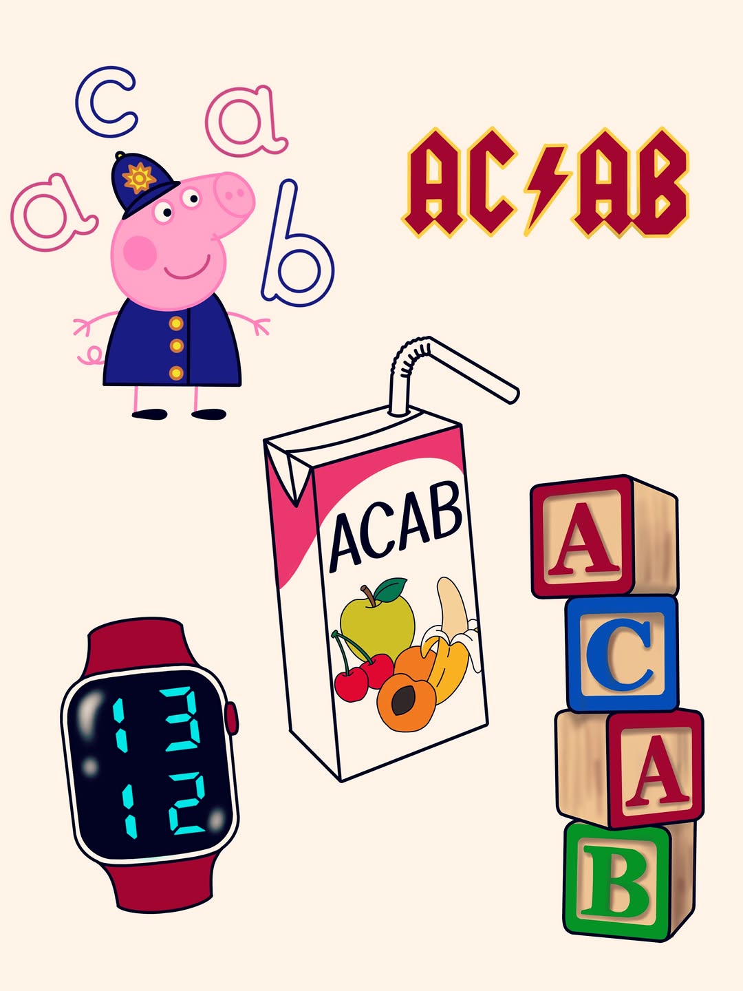 Colorful children's character collage featuring Peppa Pig, AC/AB logo, juice box, digital watch, and alphabet blocks in pink, blue, and red tones.