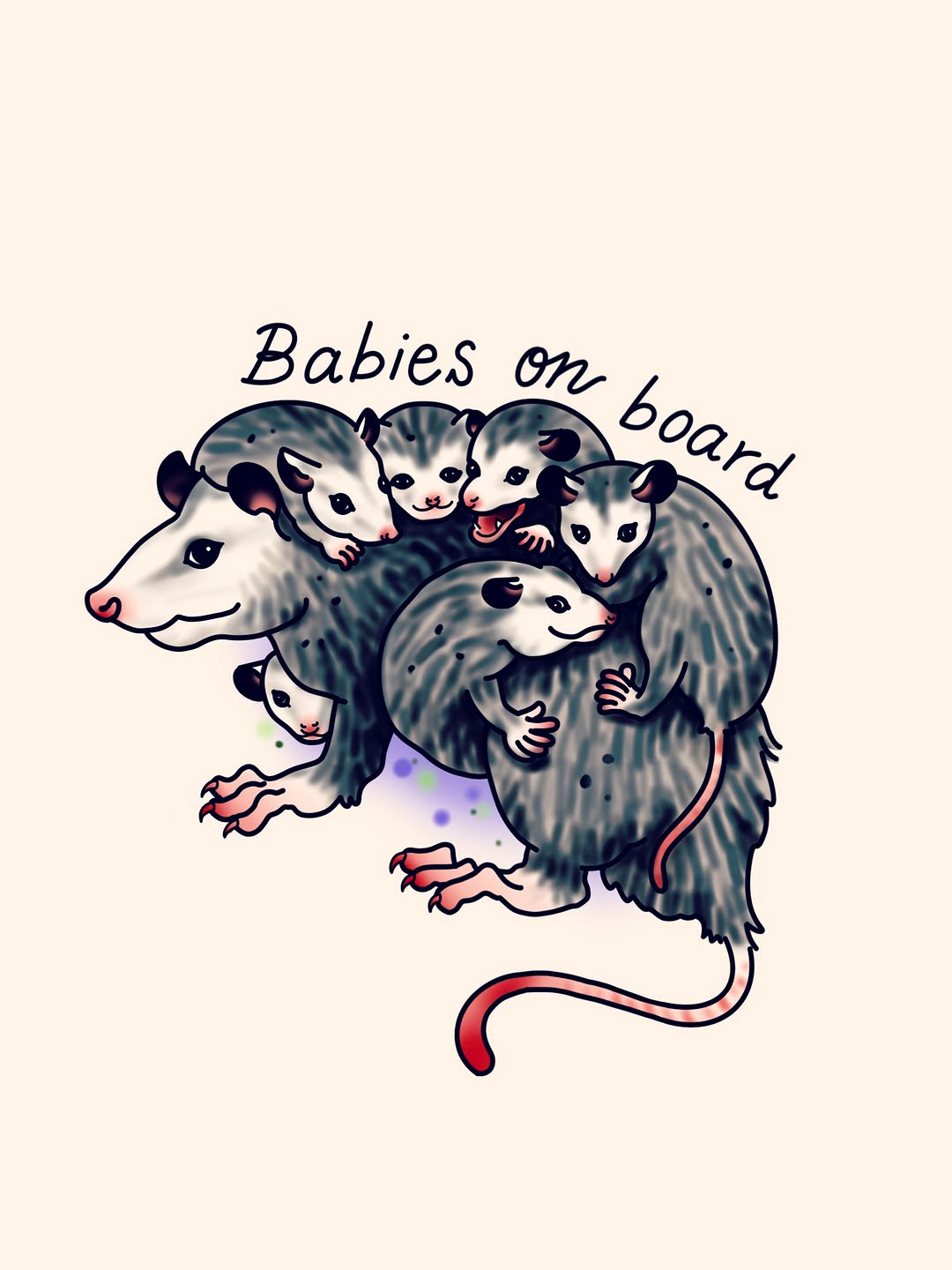 Colorful tattoo design featuring an opossum mother carrying five baby opossums on her back with "Babies on board" text above.