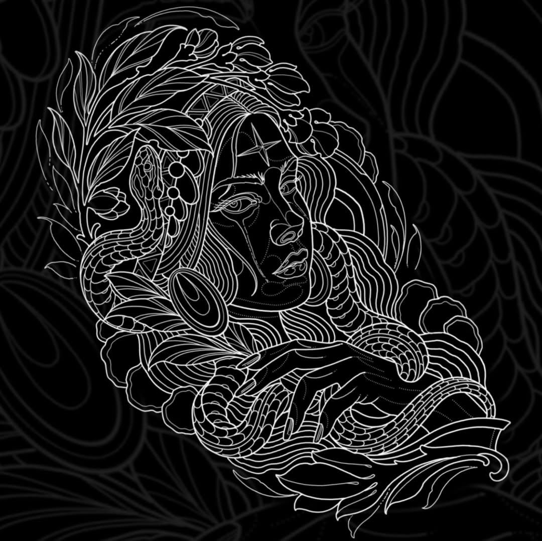 Ornate line drawing of a female face adorned with flowing hair, botanical elements, and decorative scales in white lines on black background.