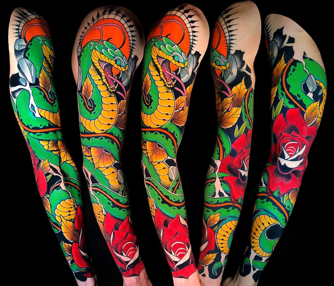 Full-leg sleeve featuring a coiled green snake with yellow scales, red roses, orange butterflies, and a red sun motif, displayed from multiple angles.
