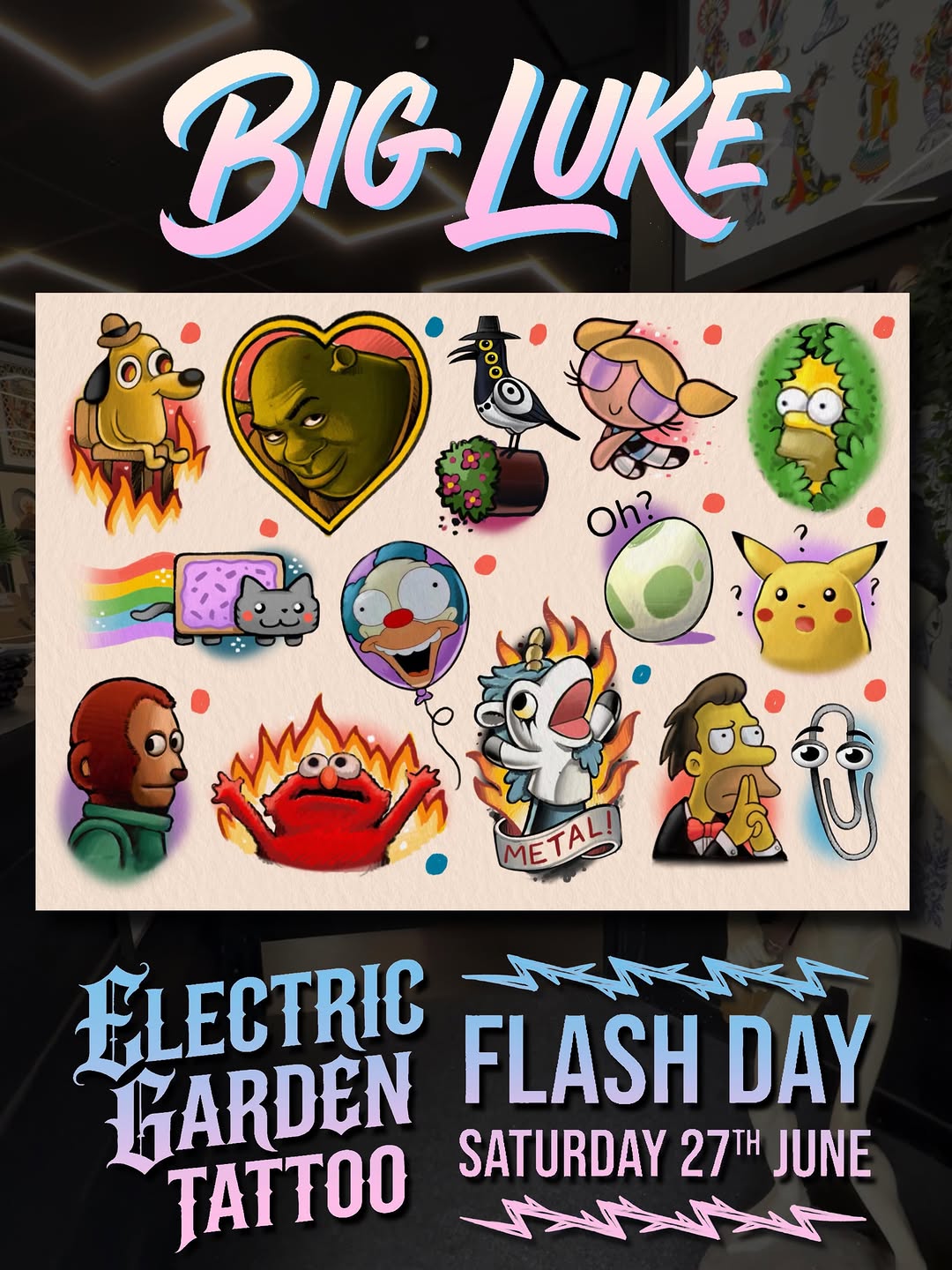 Colorful flash sheet featuring 15 cartoon character designs including animals, hearts, and pop culture references in bright reds, yellows, greens, and blues.
