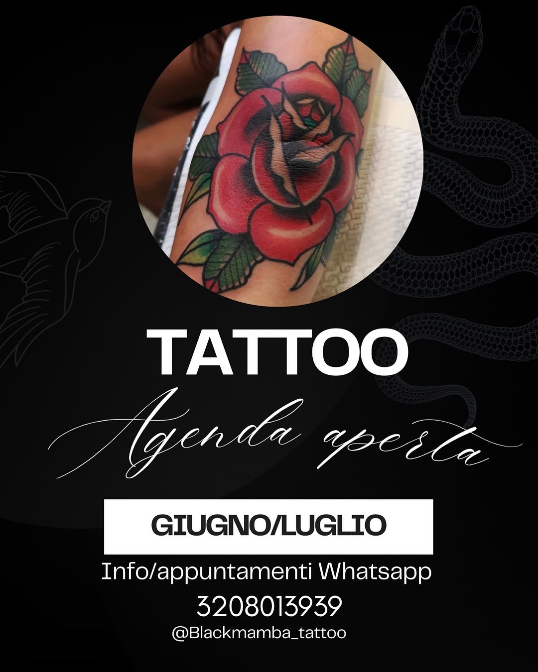 Red rose with green leaves tattooed on upper arm, surrounded by decorative snake line drawings on black background with contact information.