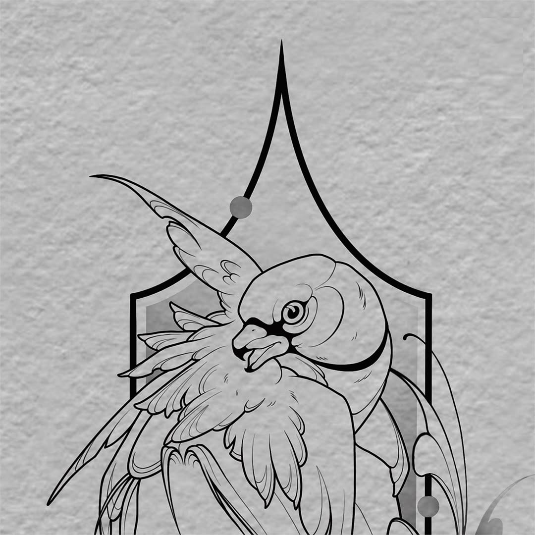 Detailed line drawing of a bearded eagle with outstretched wings inside a star-topped shield design with hanging ornamental spheres.
