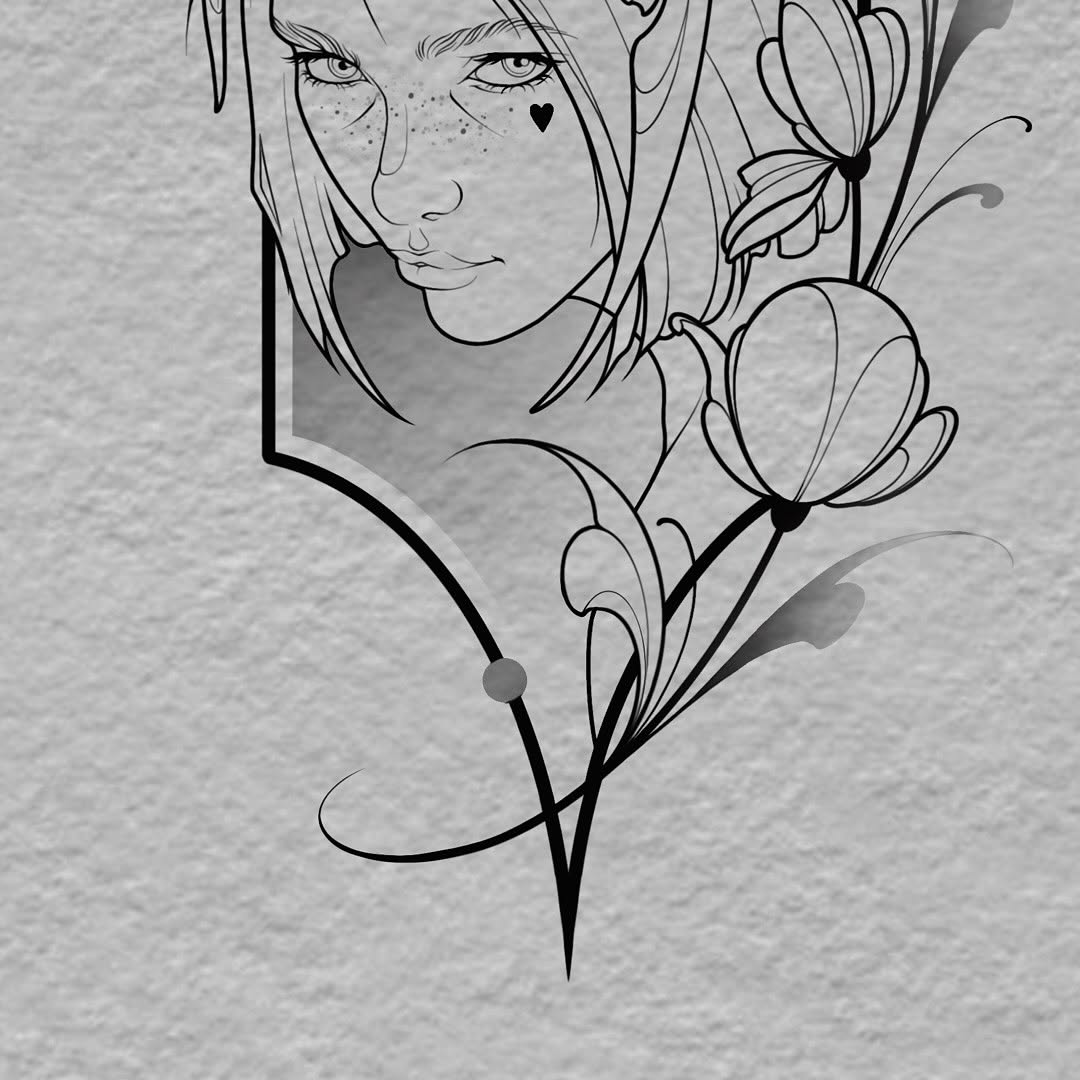Line drawing of a woman's face with freckles and a heart mark, intertwined with flowering botanical stems in black ink.