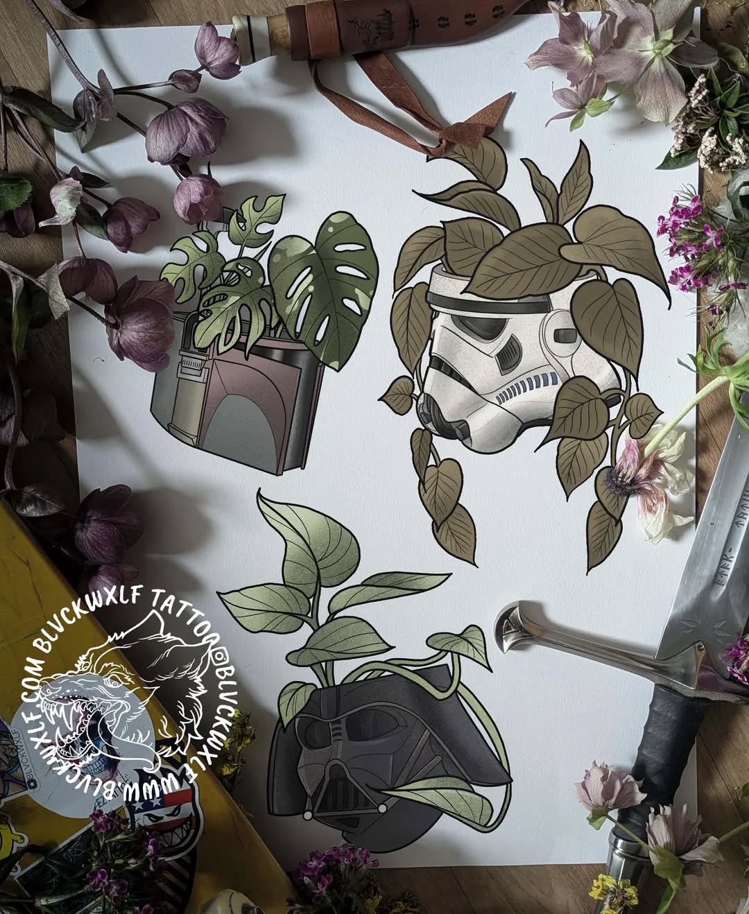 Tattoo design sheet featuring three potted plants with Star Wars characters as planters: a Monstera in a dark pot, a Stormtrooper helmet, and Darth Vader helmet, surrounded by dried flowers.