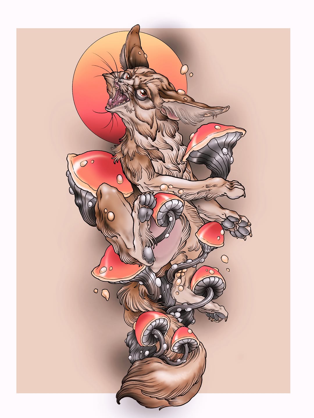 Vertical tattoo design featuring stacked fantasy creatures with mushroom caps in red and brown tones, surrounded by floating spores and organic flourishes.