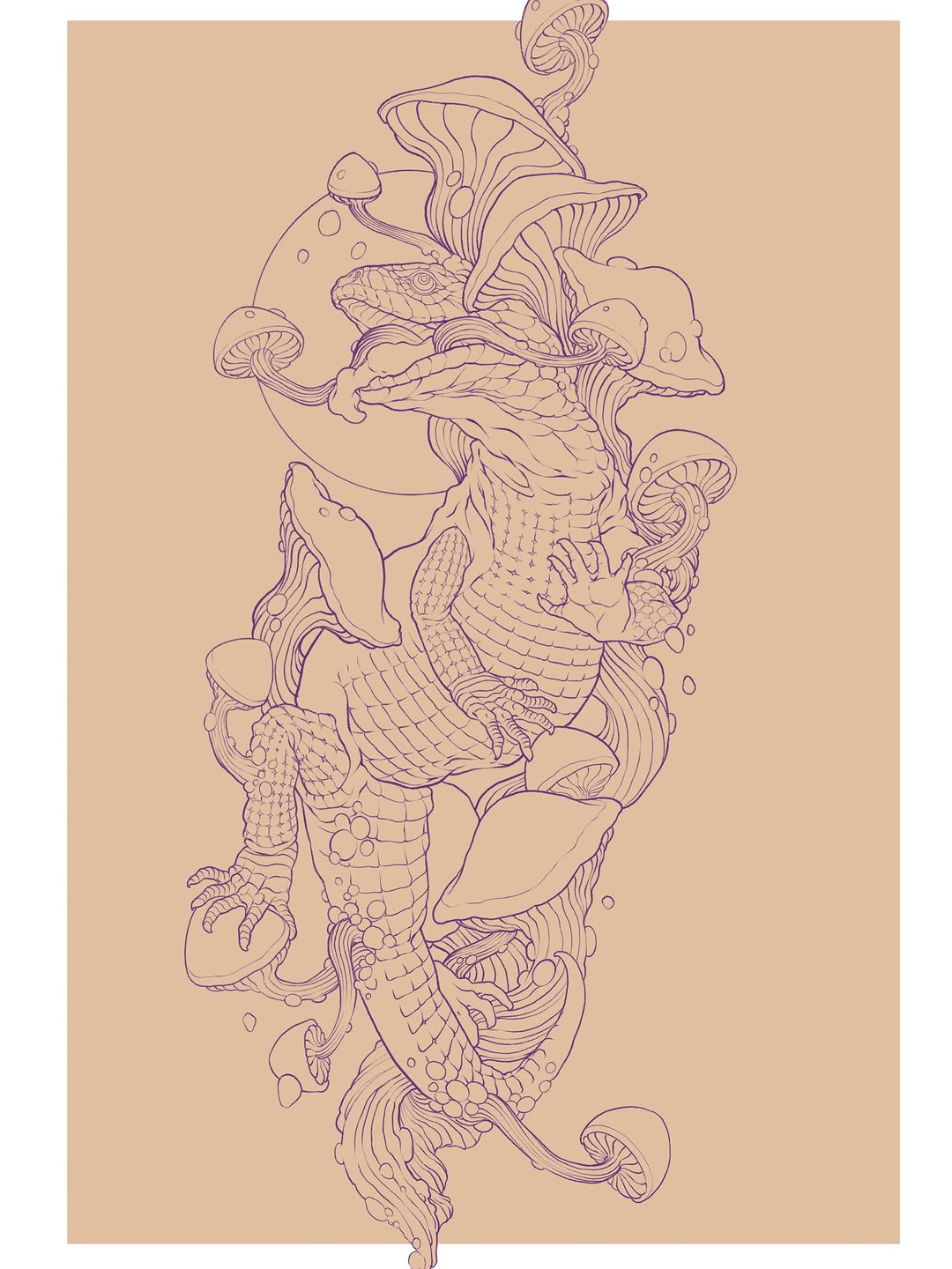 Vertical line drawing of an intricate seahorse surrounded by mushrooms and flowing organic forms in purple outline on tan background.