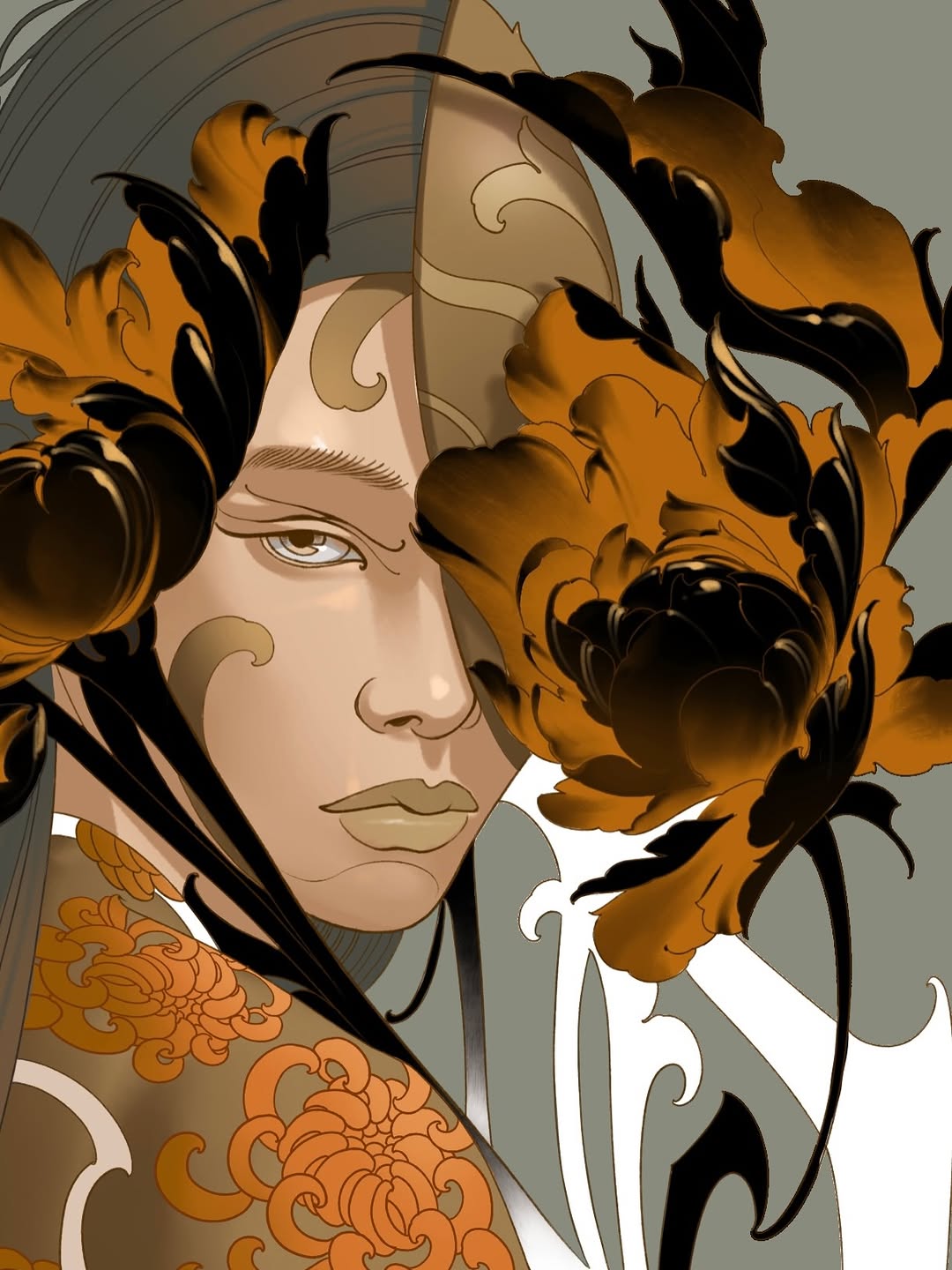Portrait of a woman with long black hair adorned with golden flowers and ornamental designs in orange and black on her shoulder and chest.