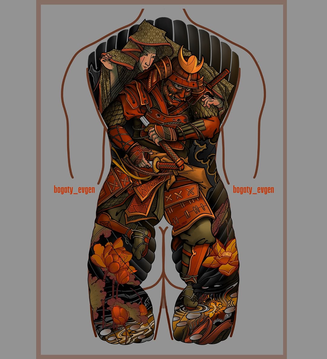 Full-body tattoo design featuring samurai warriors in ornate red and gold armor with floral elements, displayed on a torso and leg template.