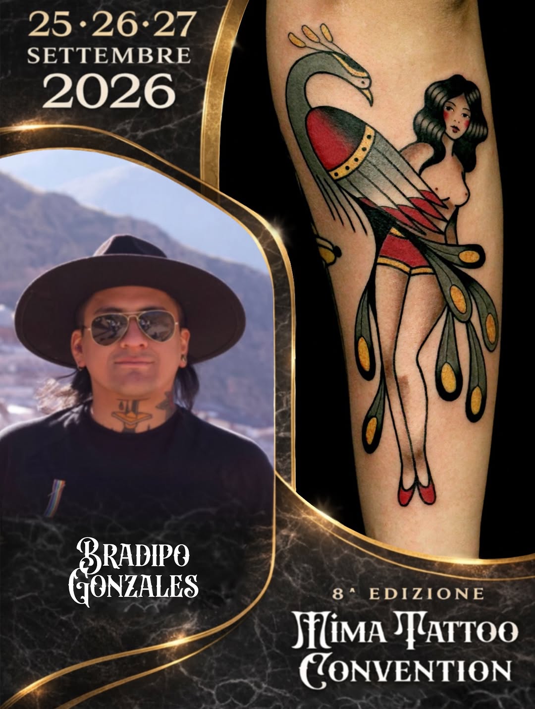 Colorful peacock-winged woman with red heart chest plate and dark hair on upper arm, displayed at Mima Tattoo Convention September 2026.