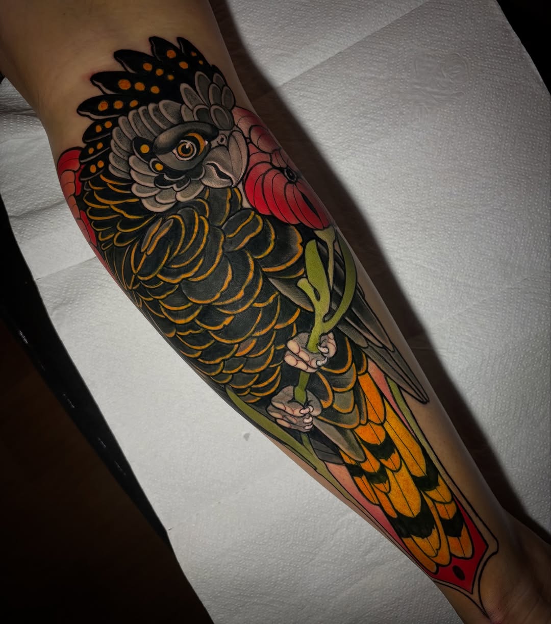 Colorful cockatoo tattoo on forearm featuring black head with orange spots, yellow and black feathered body, red and orange wing details, and green feet.