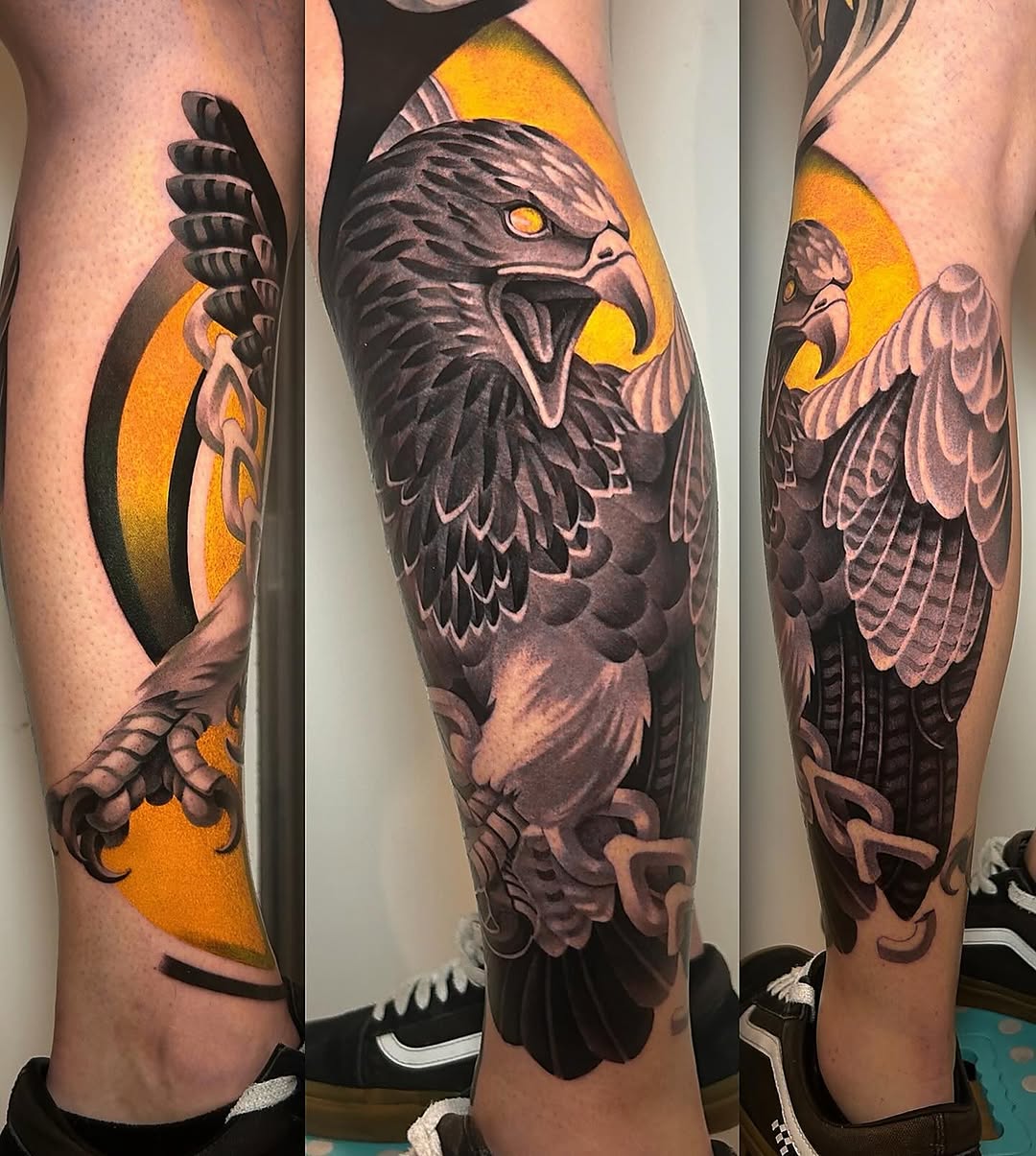 Eagle tattoo with spread wings and yellow circular background on calf, shown from multiple angles with detailed feather and claw work.
