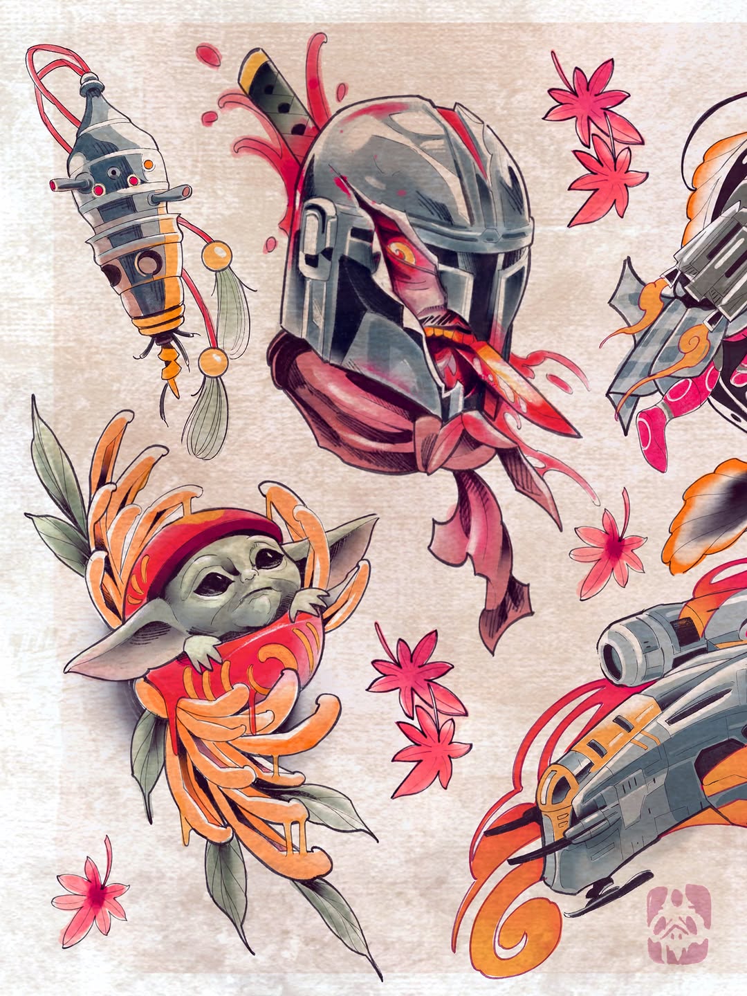 Colorful tattoo design sheet featuring a helmeted warrior head, small creature with orange flowers, spacecraft, and pink flowers in orange, red, and grey tones.