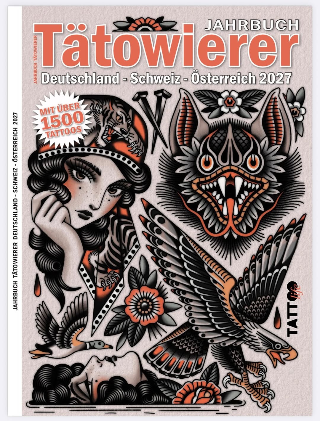 Tattoo yearbook cover featuring a woman's face and mythical creature with orange and black ink details on pale background.