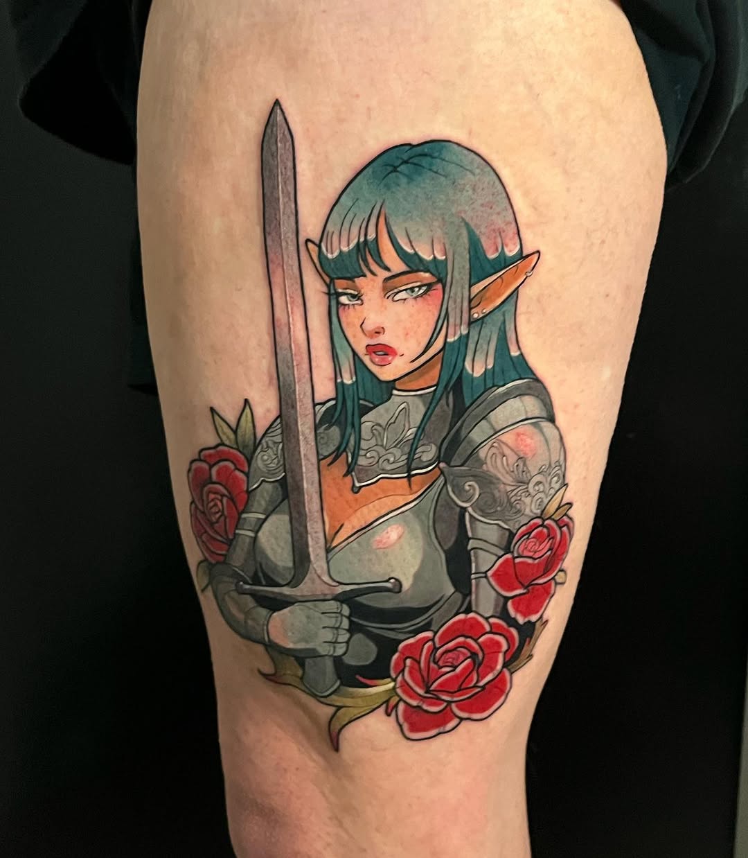 Elf warrior woman with pointed ears and bangs holding a sword, wearing armor, surrounded by red roses on thigh tattoo.