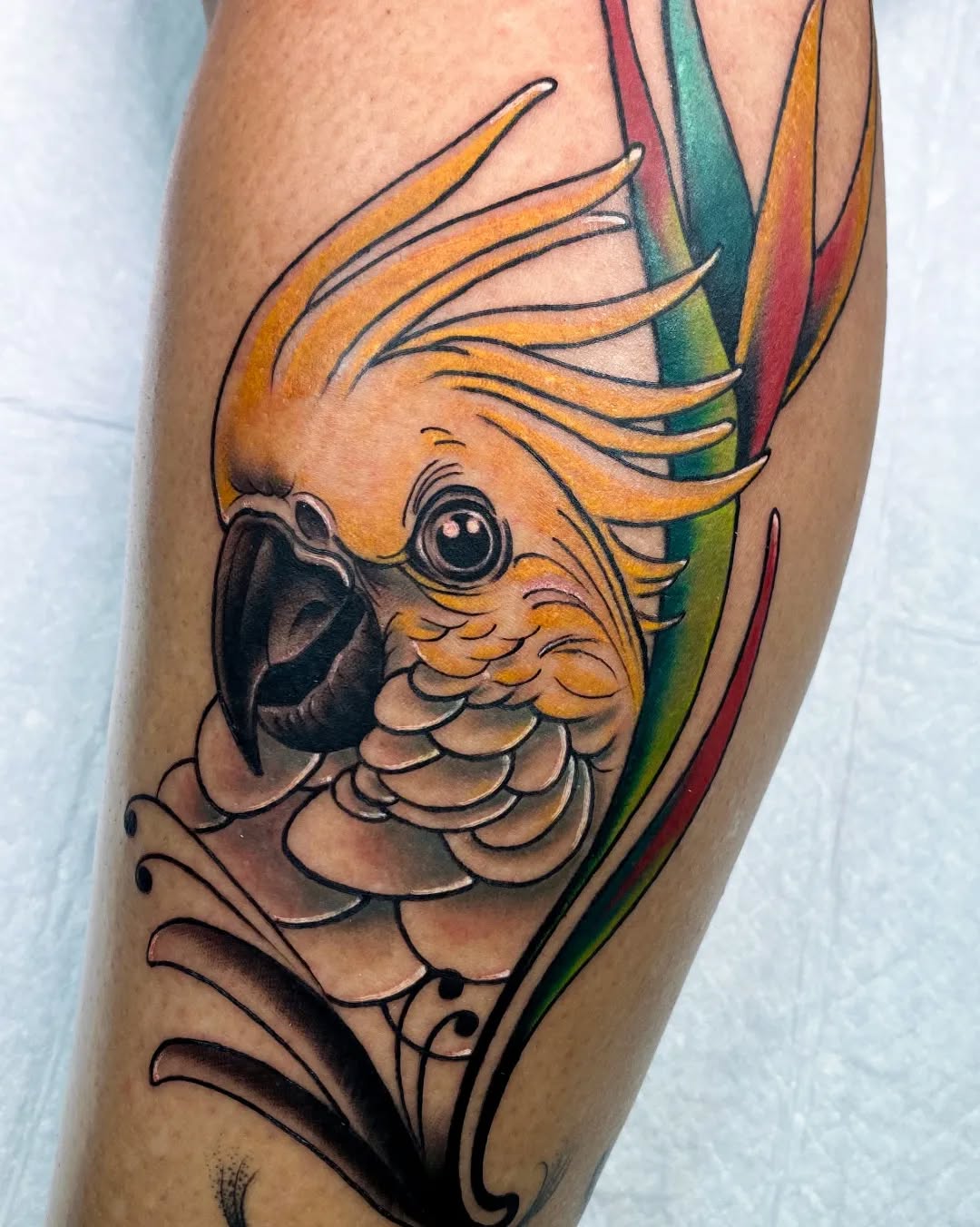 Colorful cockatoo head tattoo on calf with yellow crest, black beak, scaled body, and rainbow-striped wing feathers in orange, green, and red tones.