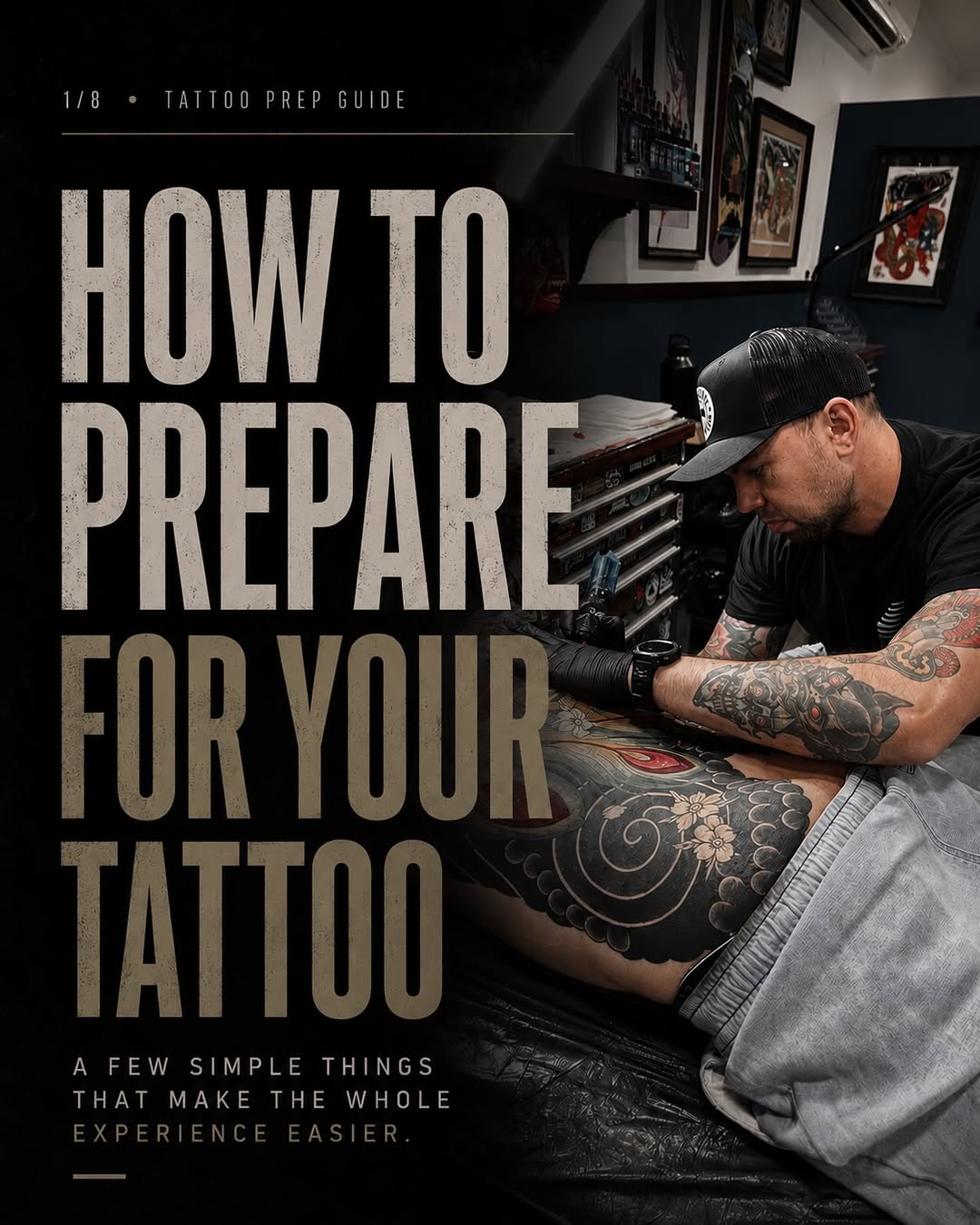 Tattoo artist working on a client's leg featuring a detailed floral and spiral design in black ink during a studio session.