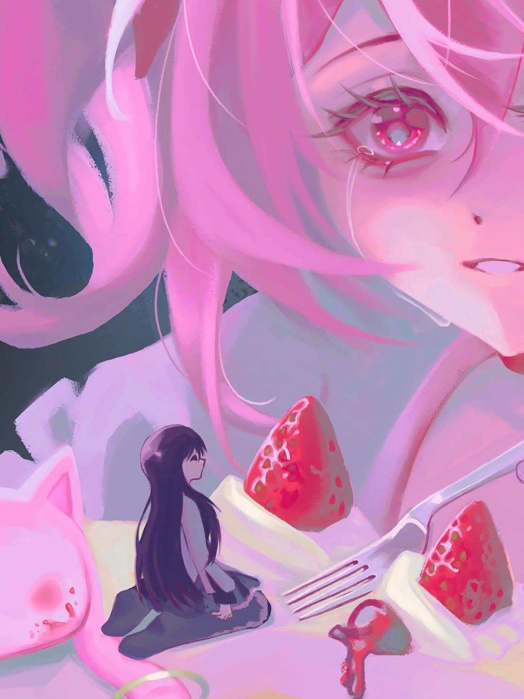 A small figure with dark hair sits among oversized strawberries and pink petals in a surreal landscape, rendered in pink, red, and purple tones.