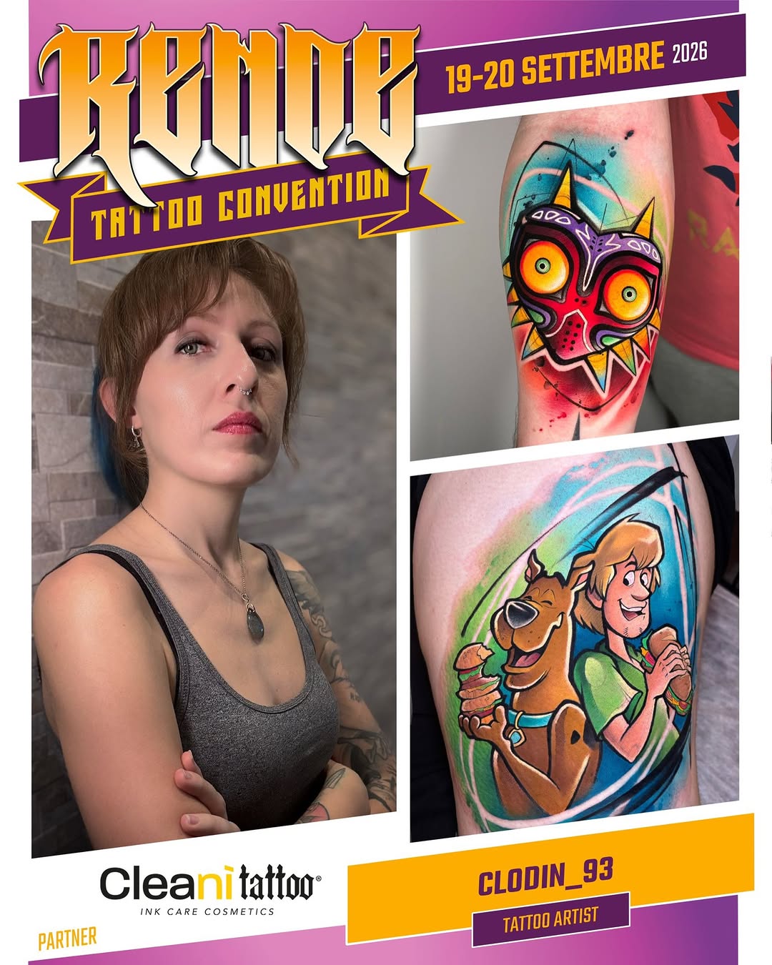 Tattoo artist Clodin_93 displays colorful arm tattoos including a vibrant demon mask and Scooby-Doo characters on a rainbow background.