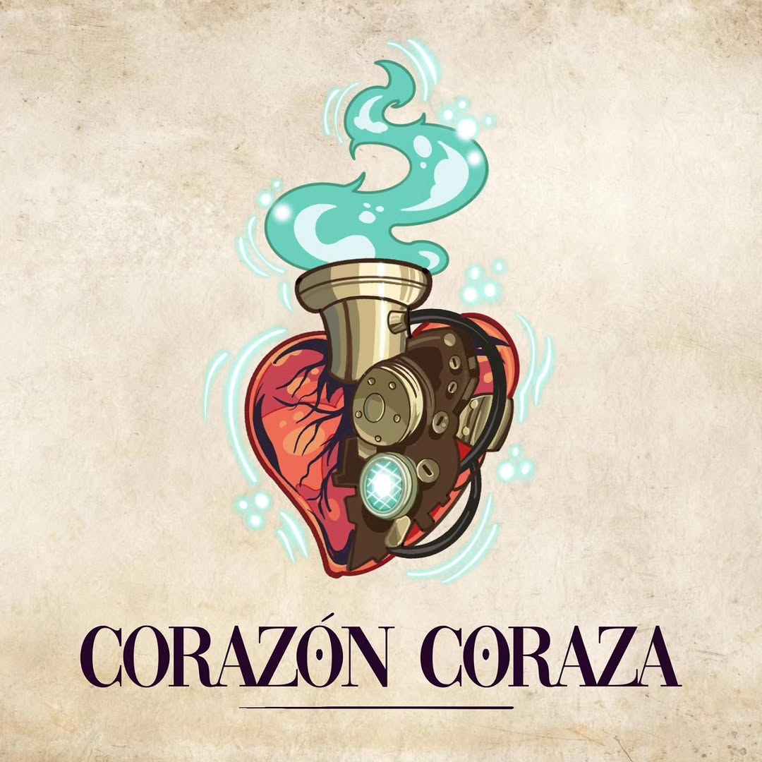 Steampunk anatomical heart bottle with turquoise magical smoke, red veins, brass gears, and glowing crystal against aged parchment background with "Corazón Coraza" text.