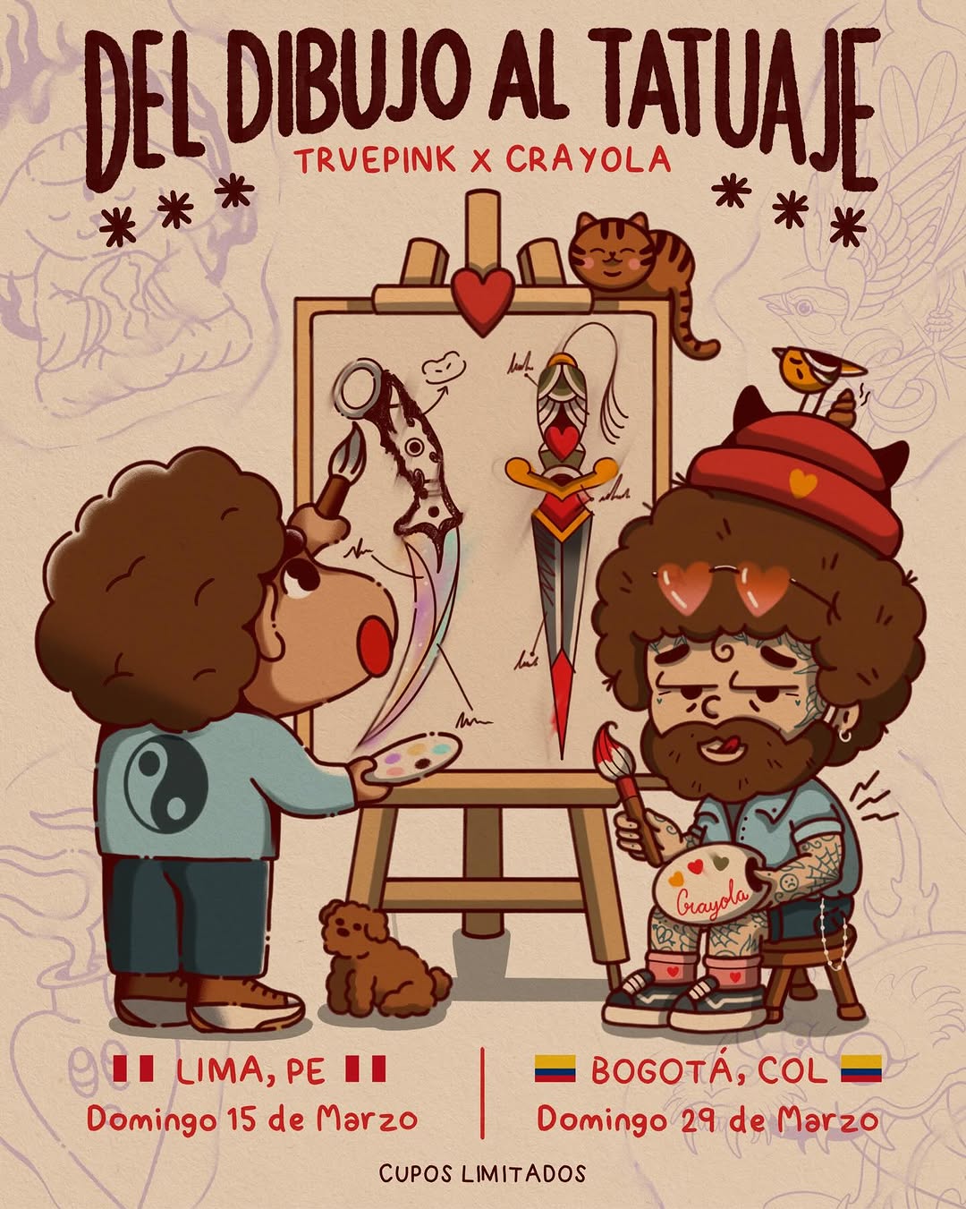 Collaborative tattoo design poster featuring two cartoon artists painting a heart-adorned figure on canvas, with cats, birds, and palette elements in warm brown and red tones.