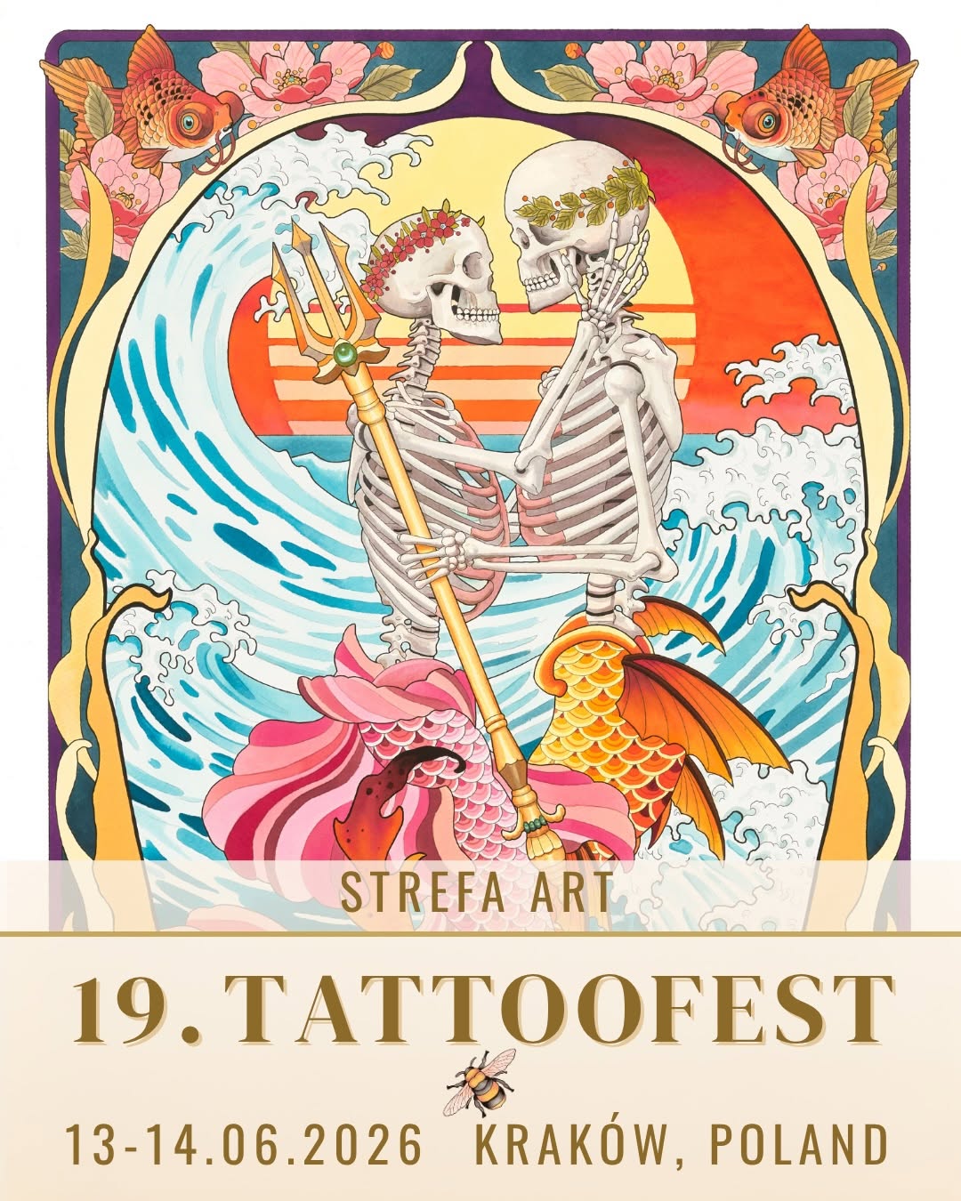 Two skeletal figures with floral crowns embrace amid waves and a koi fish against a sunset, rendered in vibrant colors on skin.