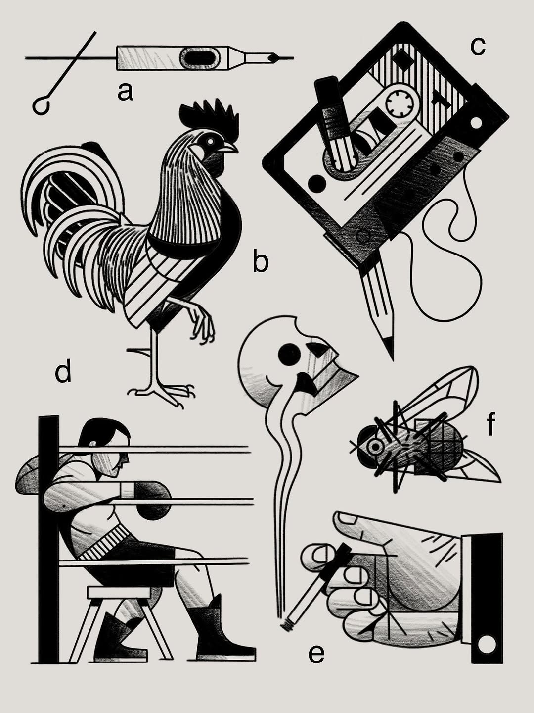 Portfolio page featuring seven black ink tattoo designs including a rooster, cassette tape, birdhouse, seated figure, fly, and hand holding a syringe.