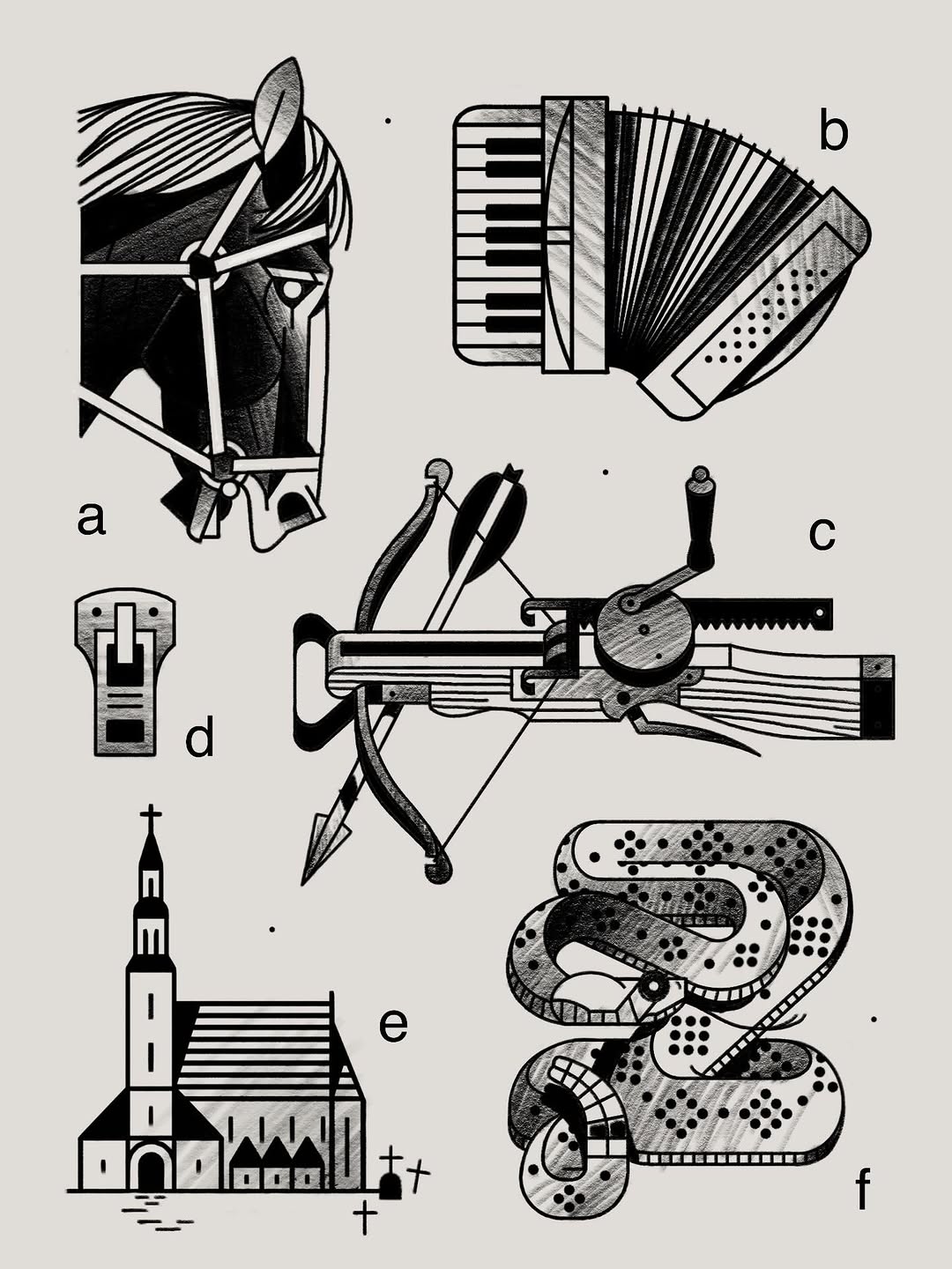 Portfolio display showing six black ink tattoo designs: horse head, accordion, woodworking plane, whistle, church building, and decorative snake coils.